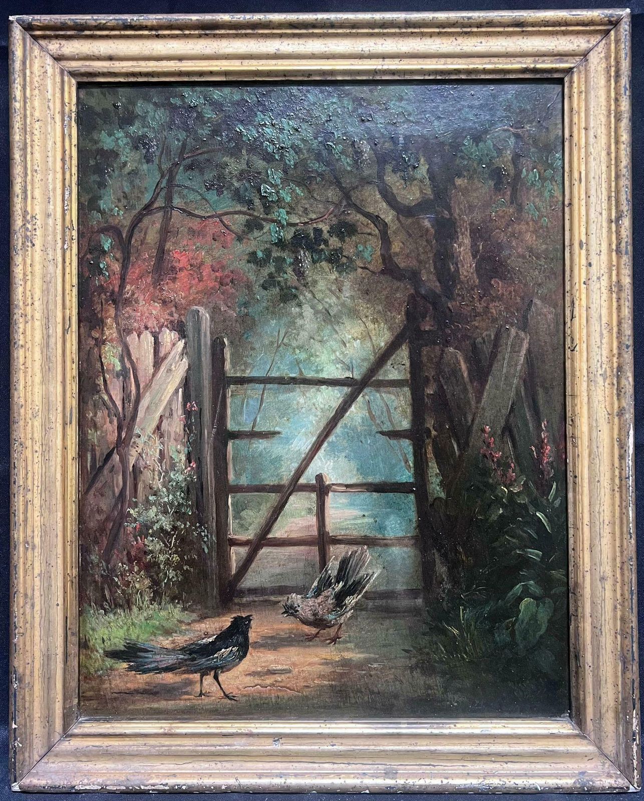French Schoolantique 19th Century French Oil Painting Birds In Country Lane Wooded Landscape