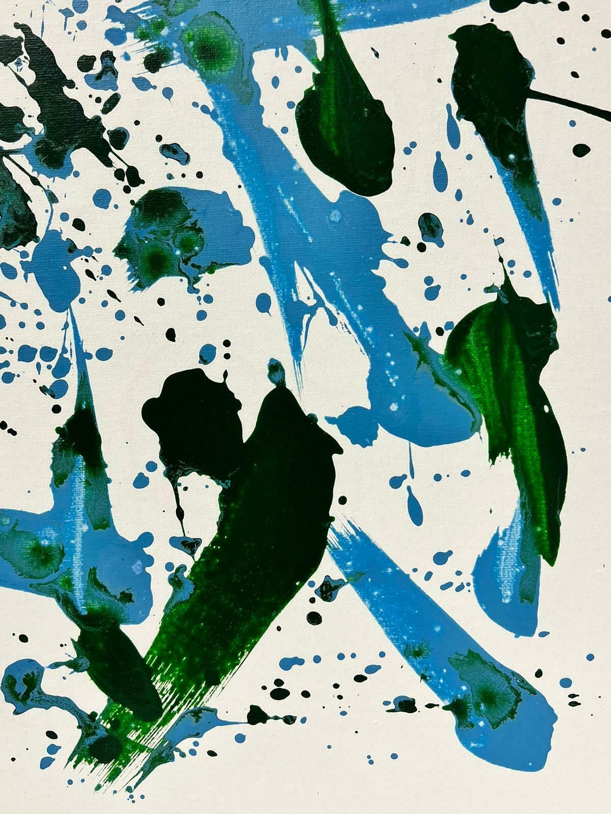 Sally Bradshawabstract British Contemporary Splash Painting Green And Blue On Whitec.2023 photo furniture