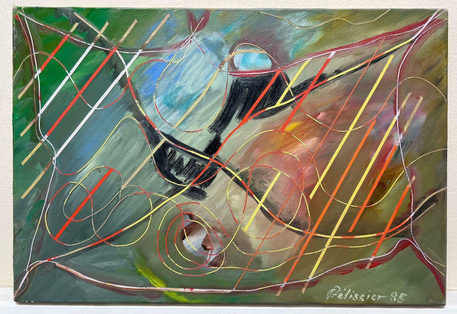 Gilbert Pelissieroriginal 20th Century French Abstract Painting Twirling Shapes 1985 photo furniture