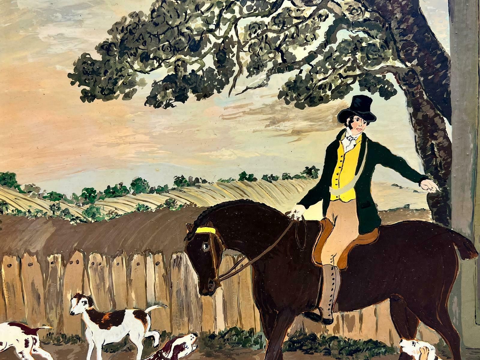 Folk Art Naive English Oil Painting Country Gentleman On Horseback With Hounds photo for sale