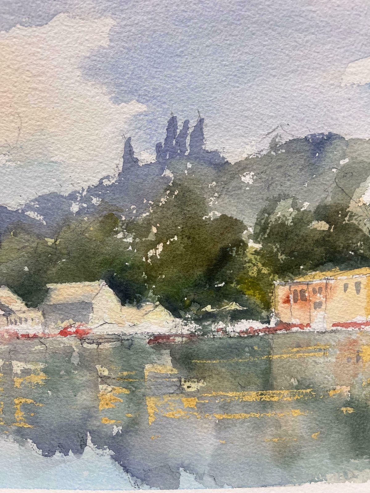 Anthony Averybritish Original Impressionist Watercolor European Lake Landscape With Houses photo 349.0