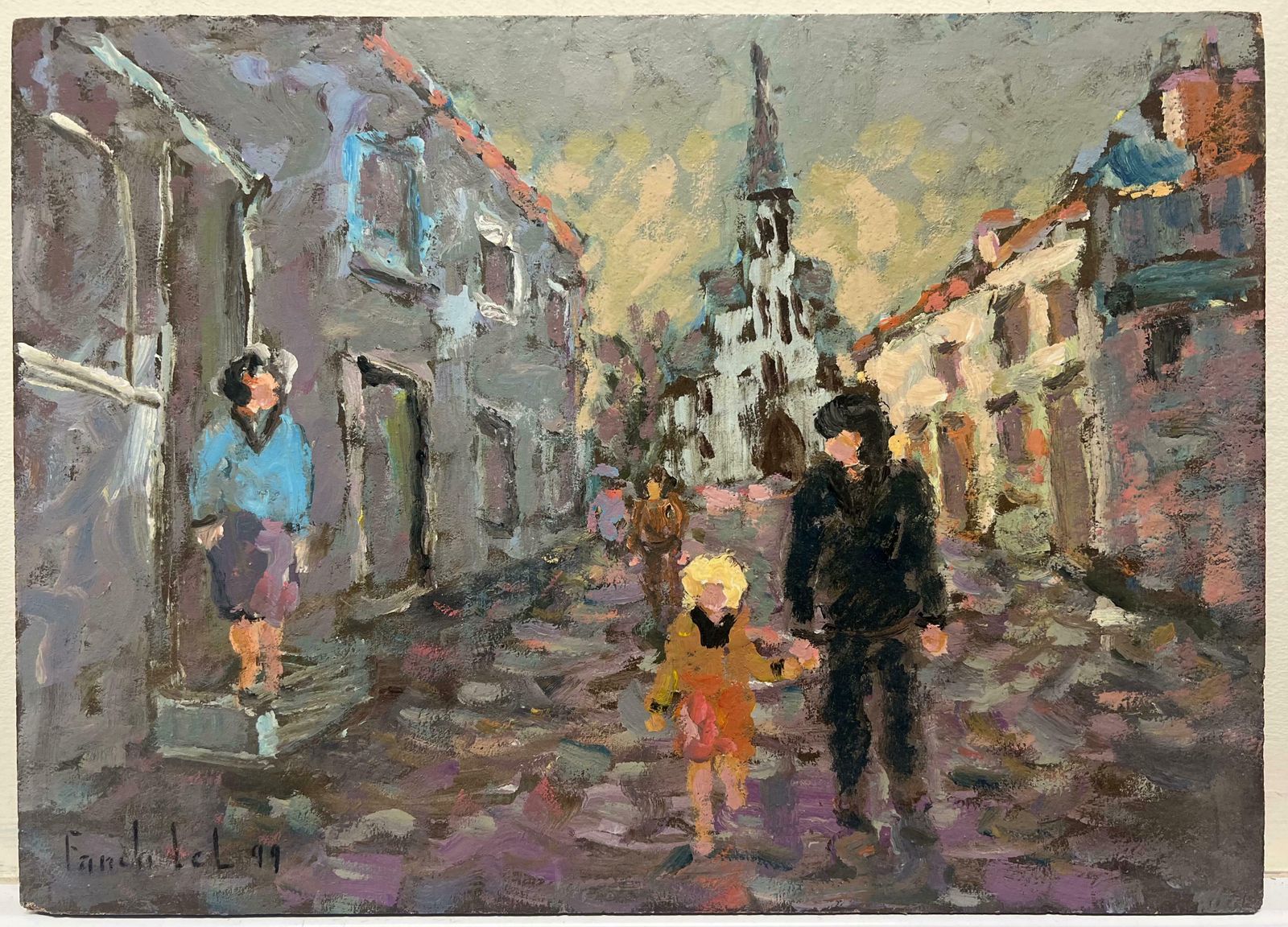 Fanch Lelfigures Strolling In European Street Scene Distant Church Steeple Oil 20th Century photo furniture