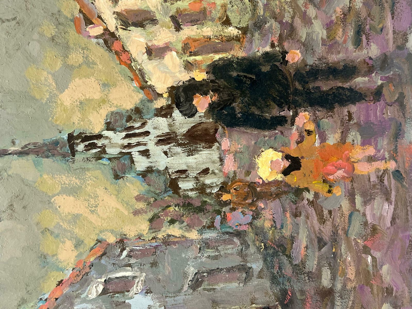 Fanch Lelfigures Strolling In European Street Scene Distant Church Steeple Oil 20th Century photo buy