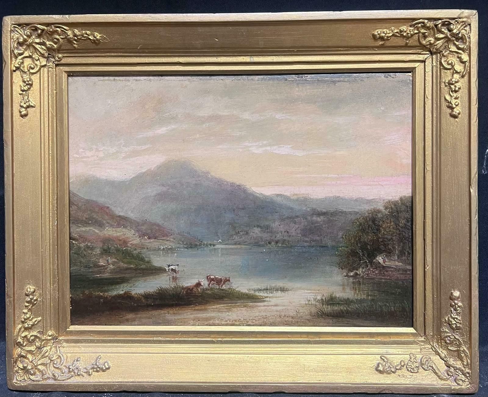 British 1860'sscottish Highlands Loch Scene Cattle Watering Dusk Atmospheric Light 19th C. Oil