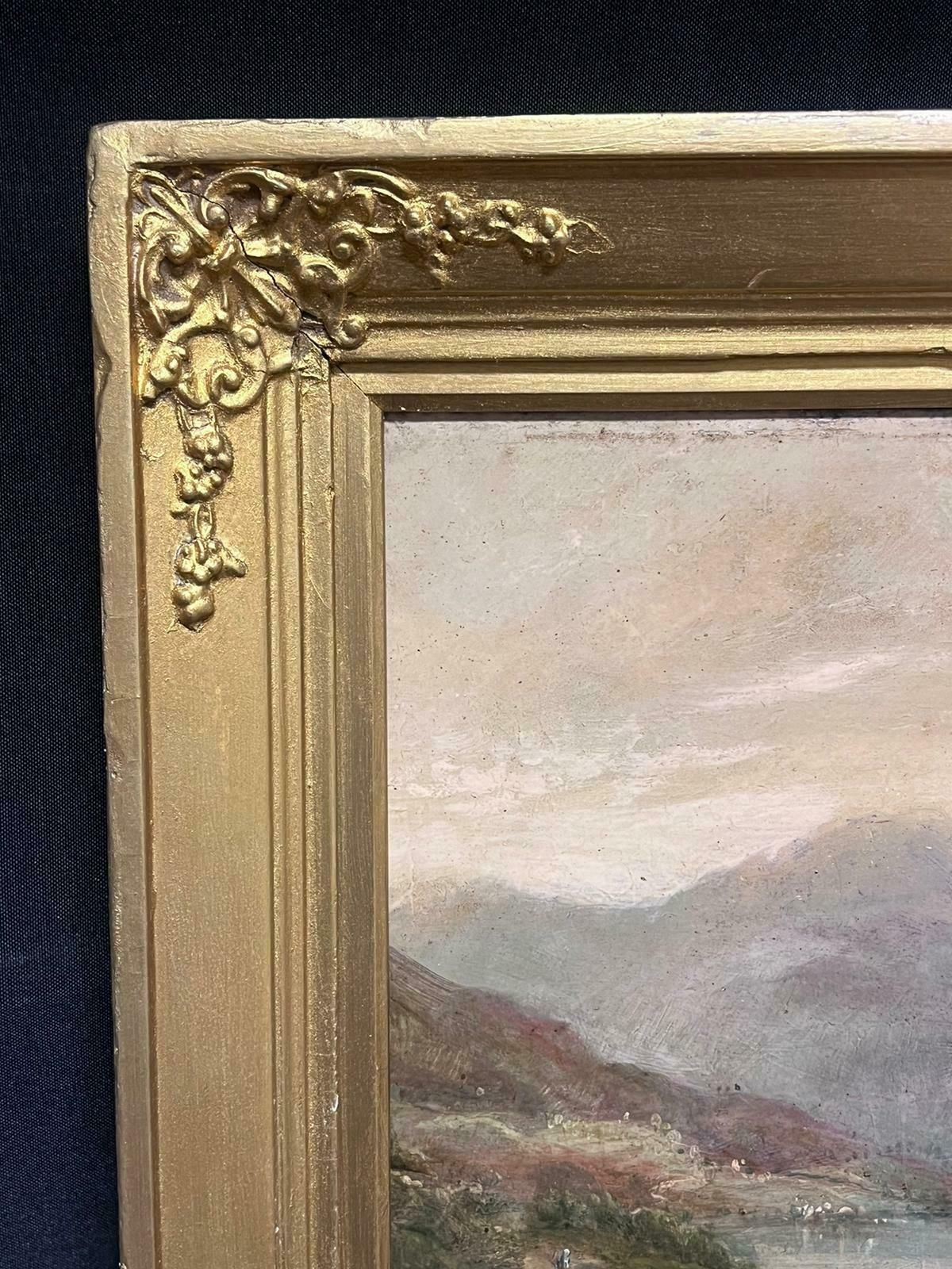British 1860'sscottish Highlands Loch Scene Cattle Watering Dusk Atmospheric Light 19th C. Oil photo Art