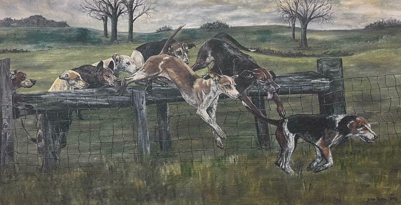 Jean Terryhuge British Sporting Oil Painting Hunting Hounds In Full Pursuit Over Fence1998
