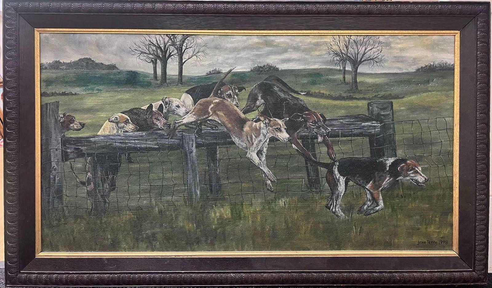 Jean Terryhuge British Sporting Oil Painting Hunting Hounds In Full Pursuit Over Fence1998 photo furniture