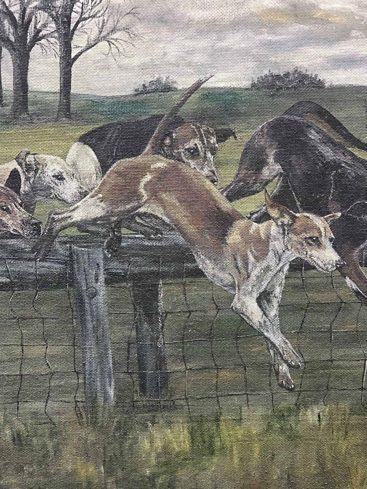 Jean Terryhuge British Sporting Oil Painting Hunting Hounds In Full Pursuit Over Fence1998 photo Art