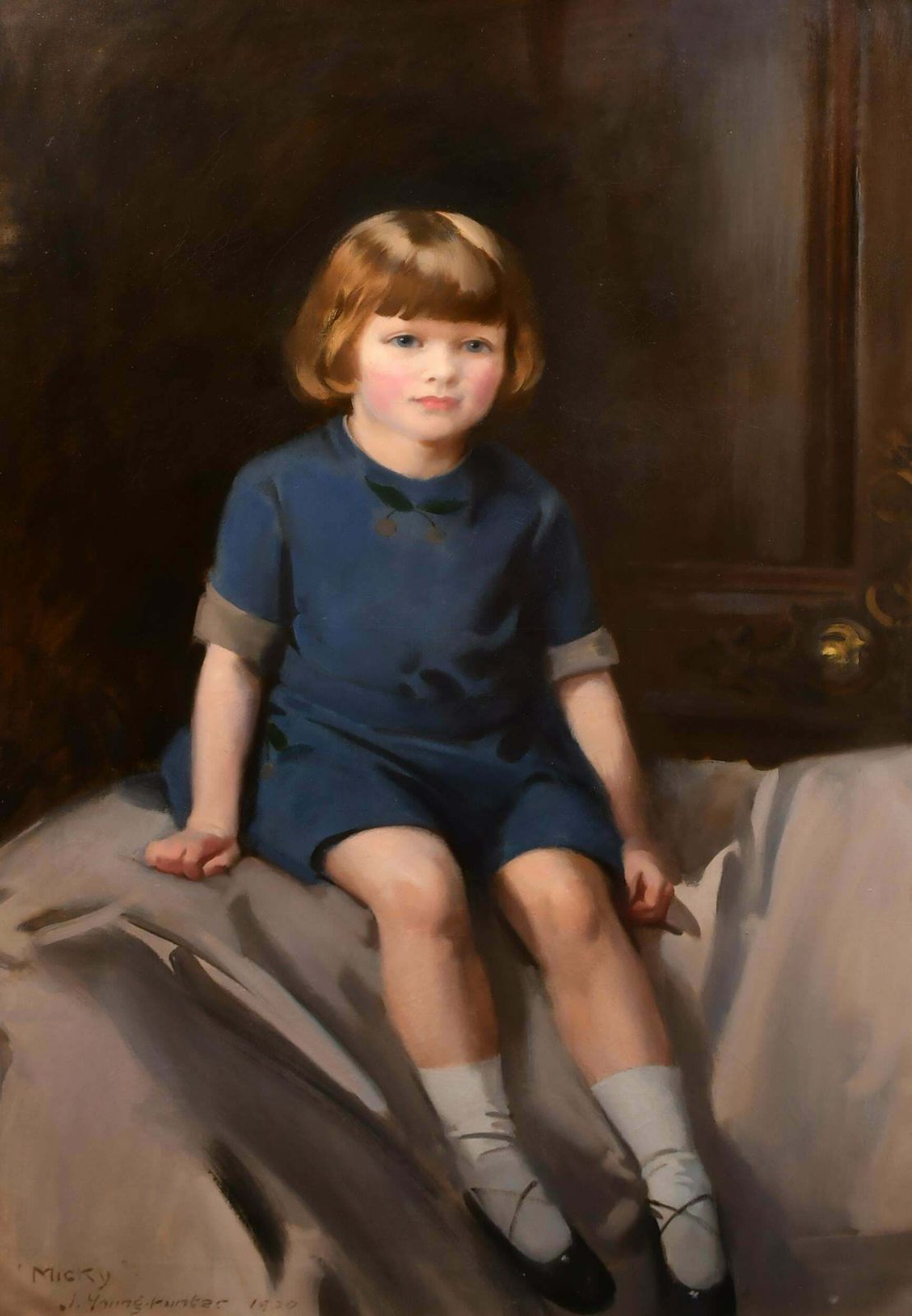 John Young Hunterhuge 1920's British Portrait Of Young Girl In Interior Signed & Dated Oil Paint1920