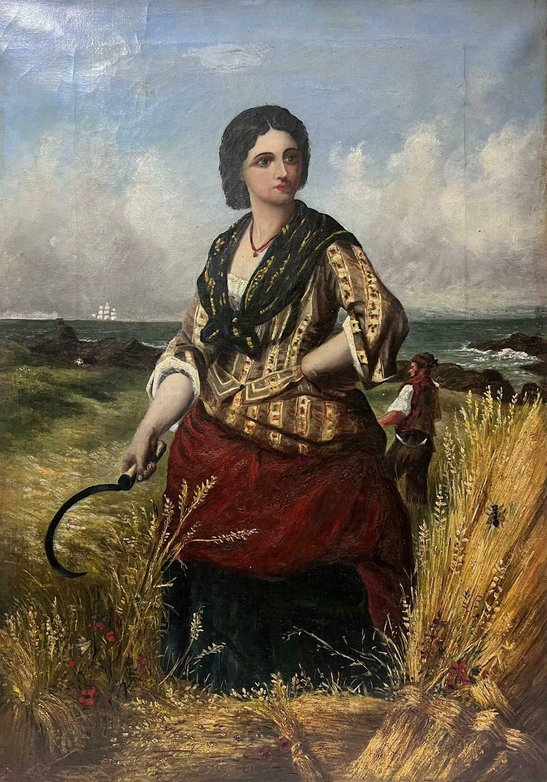 English 19th Centurywoman In Harvest Fields Next To Coastal Seascape Victorian Oil Painting Canvas