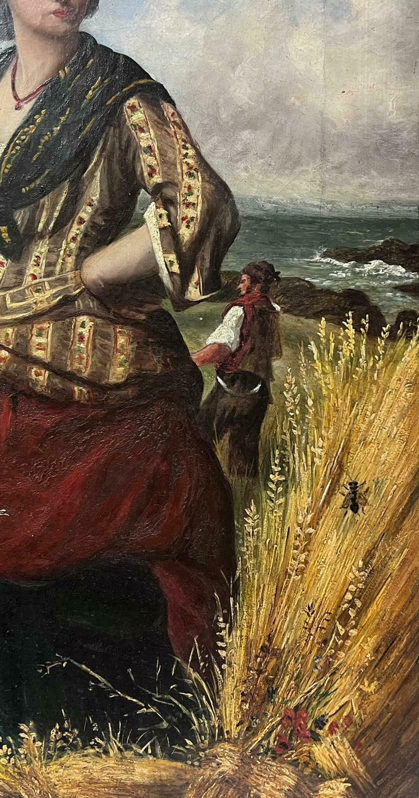 English 19th Centurywoman In Harvest Fields Next To Coastal Seascape Victorian Oil Painting Canvas photo Art