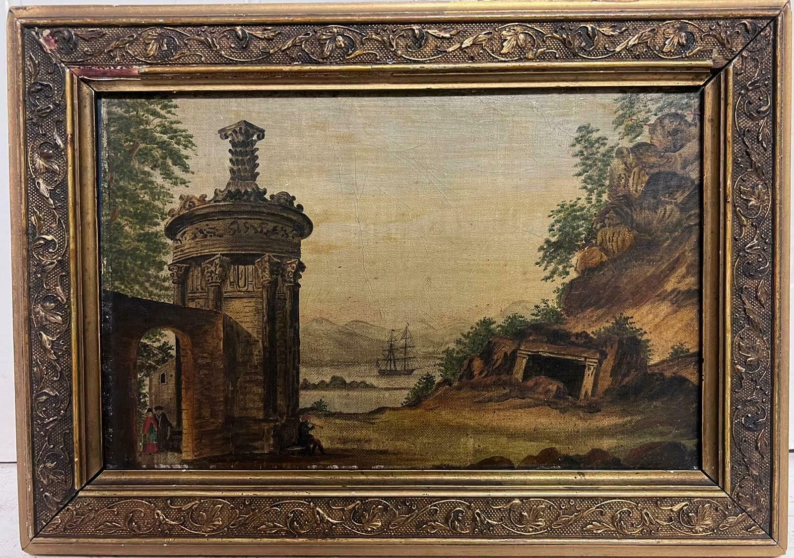 Italian 1800'searly 1800's Italian Classical Landscape With Ancient Ruins & Sea Port Painting photo furniture