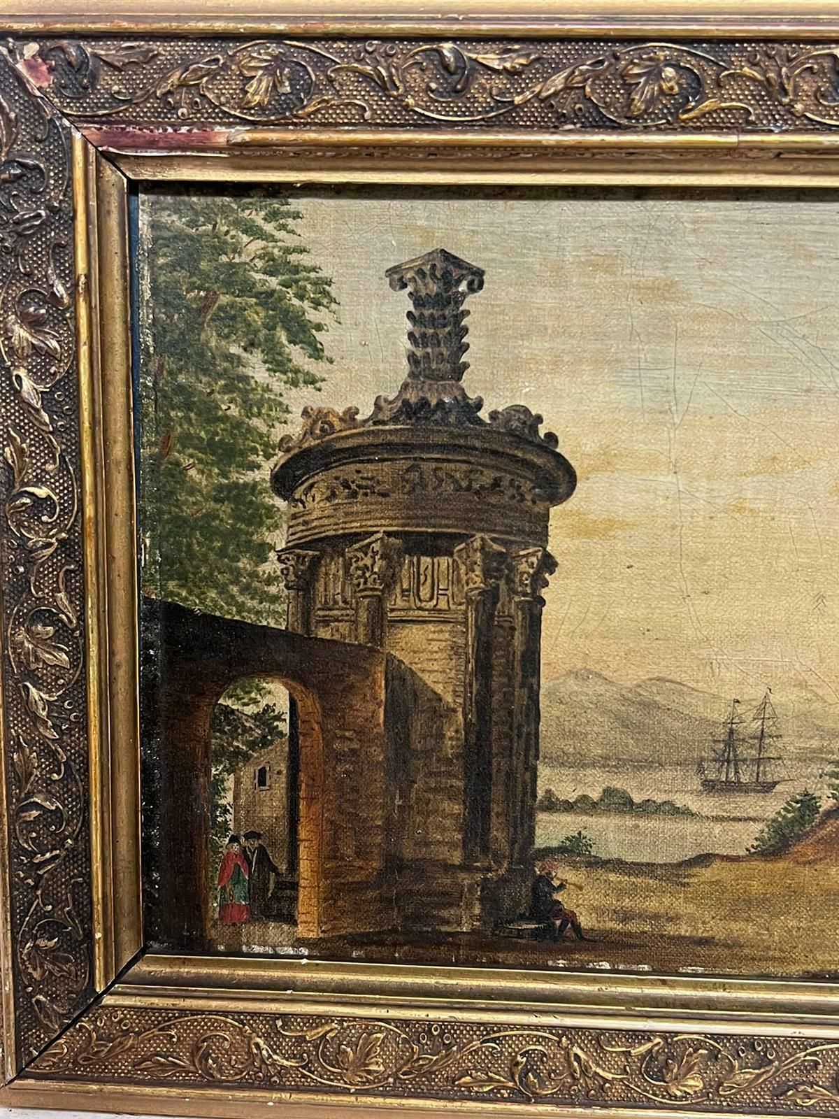 Italian 1800'searly 1800's Italian Classical Landscape With Ancient Ruins & Sea Port Painting photo for sale