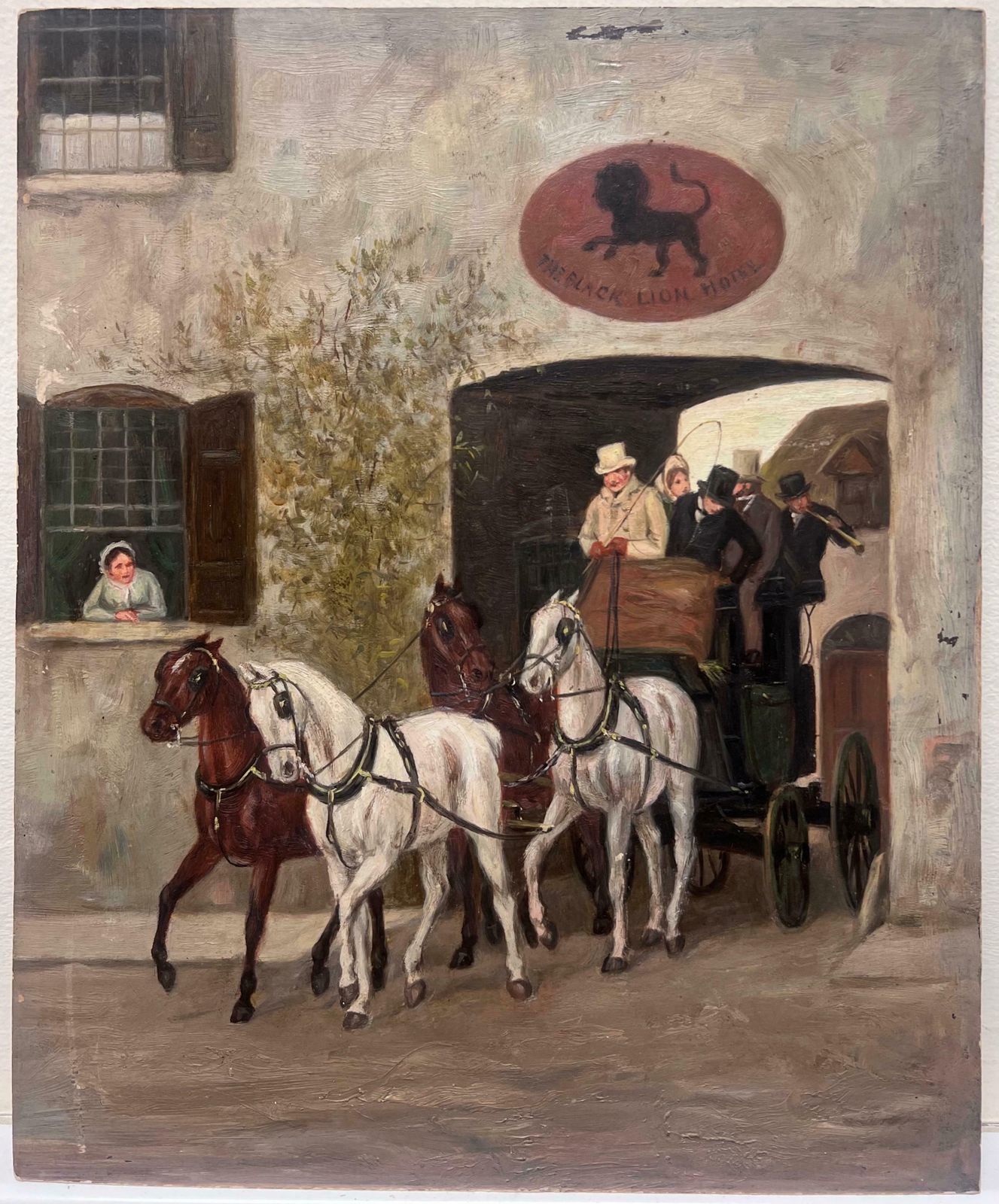 Victorian English Oil 19th Century English Coaching Scene Oil Painting Horse Carriages Outside Tavern photo furniture