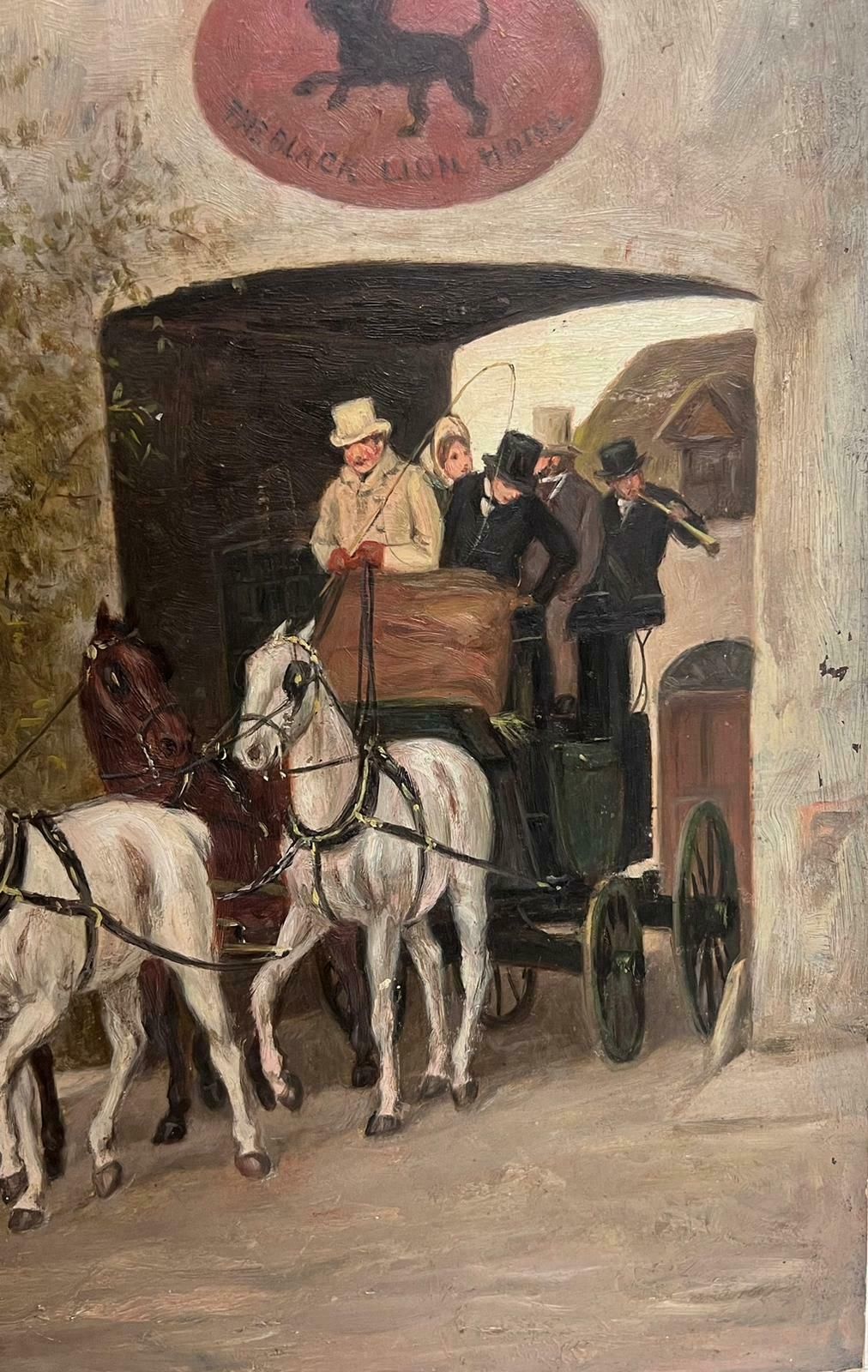 Victorian English Oil 19th Century English Coaching Scene Oil Painting Horse Carriages Outside Tavern photo Art