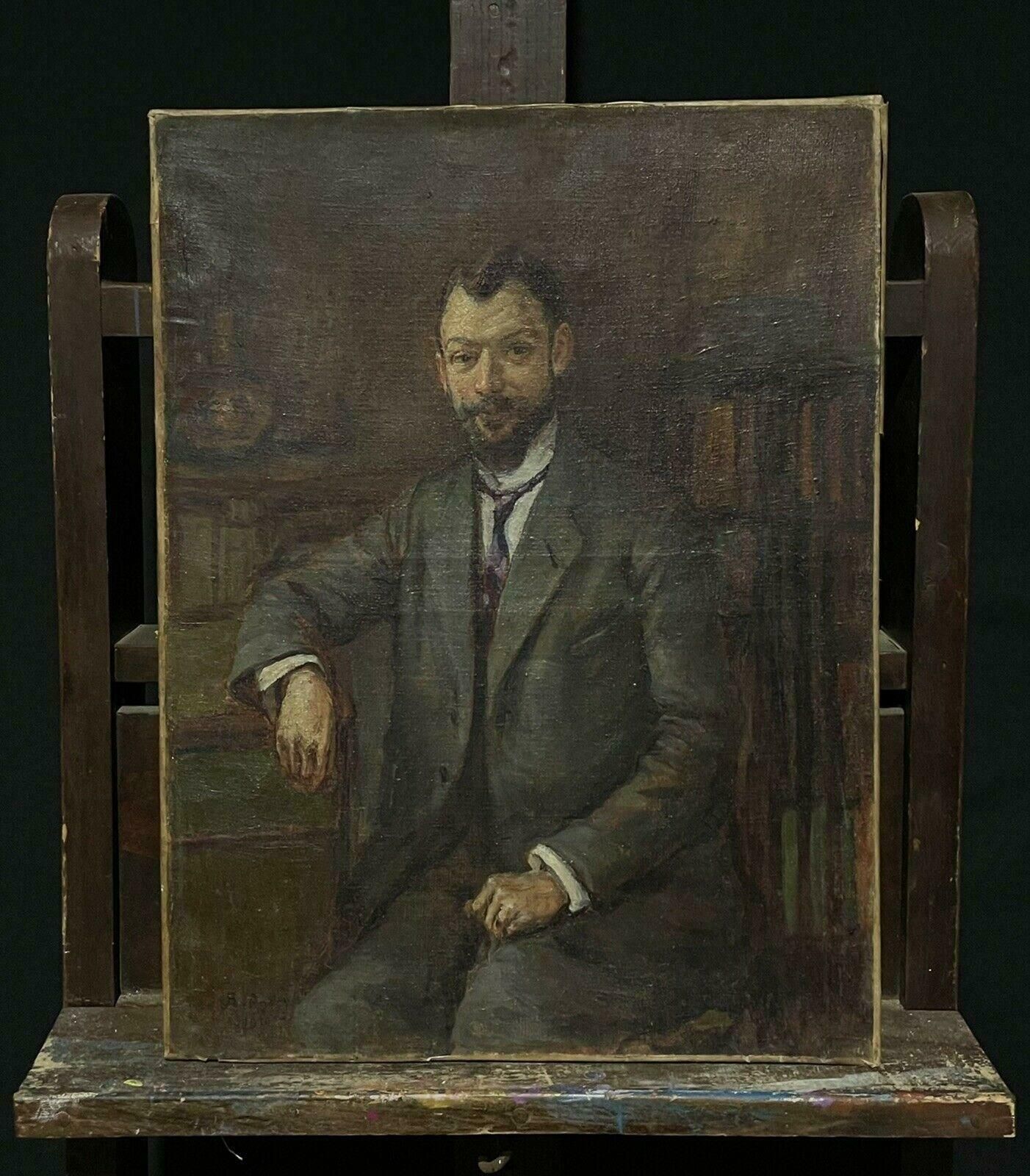Antique Frenchsigned French Impressionist Oil Painting Portrait Of A Man Seated In Libraryc. 1910 photo furniture
