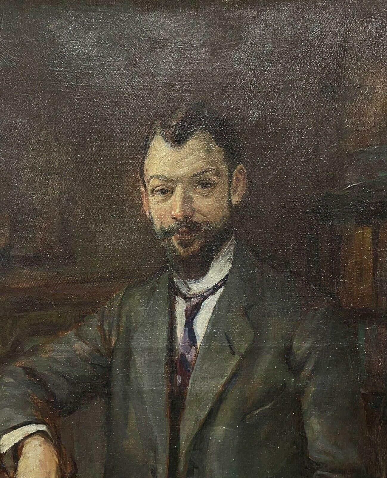 Antique Frenchsigned French Impressionist Oil Painting Portrait Of A Man Seated In Libraryc. 1910 photo for sale
