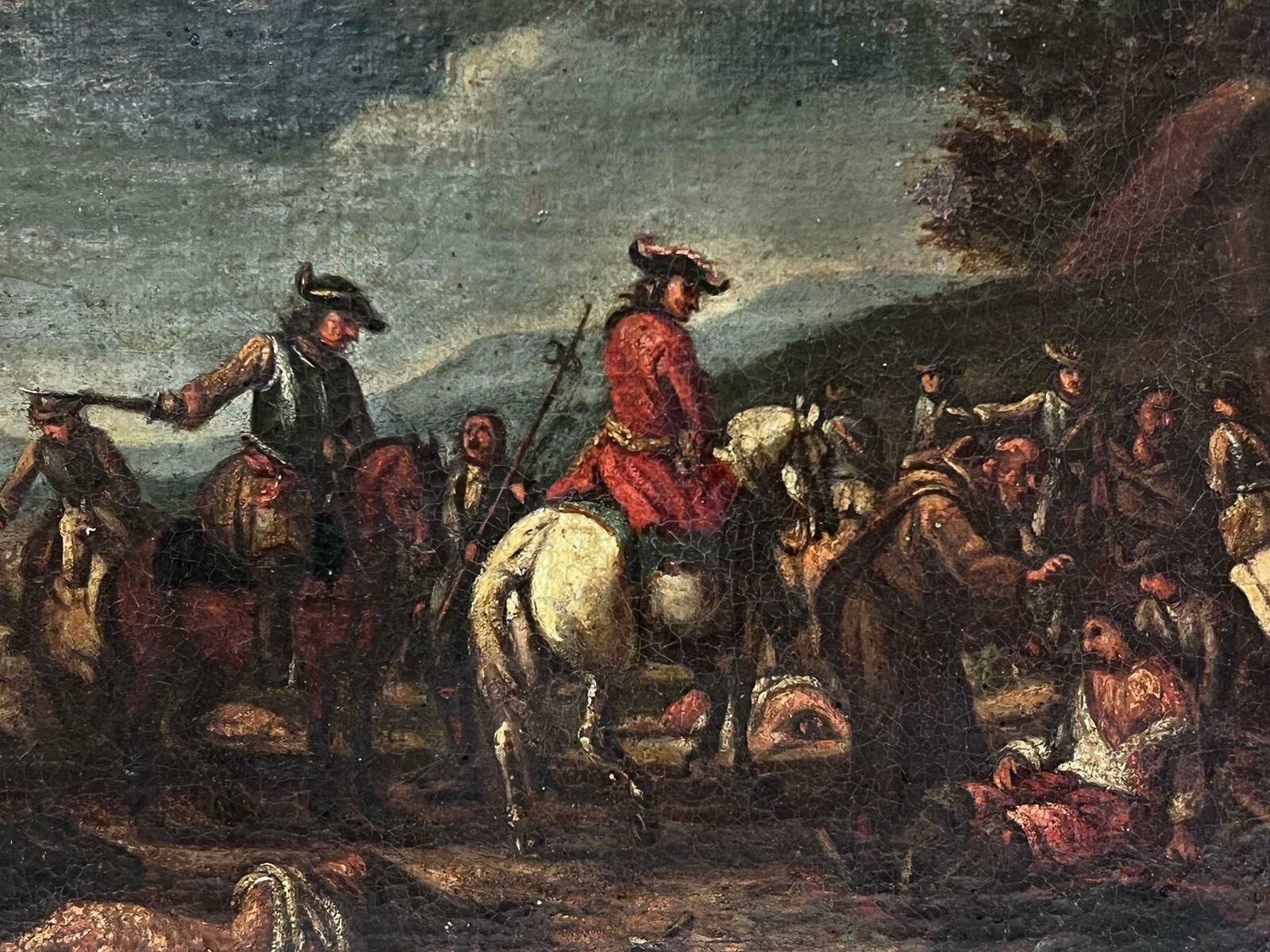 Military Encampment Soldiers On Horseback Dusk Landscape 1700's Oil Painting photo for sale