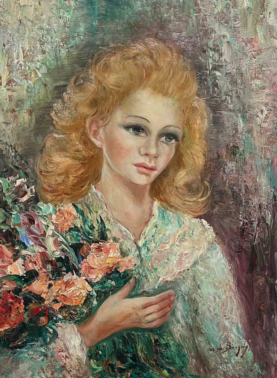 Anna De Banguy1950's French Post Impressionist Signed Oil Portrait Of Young Lady With Flowers1950's photo for sale