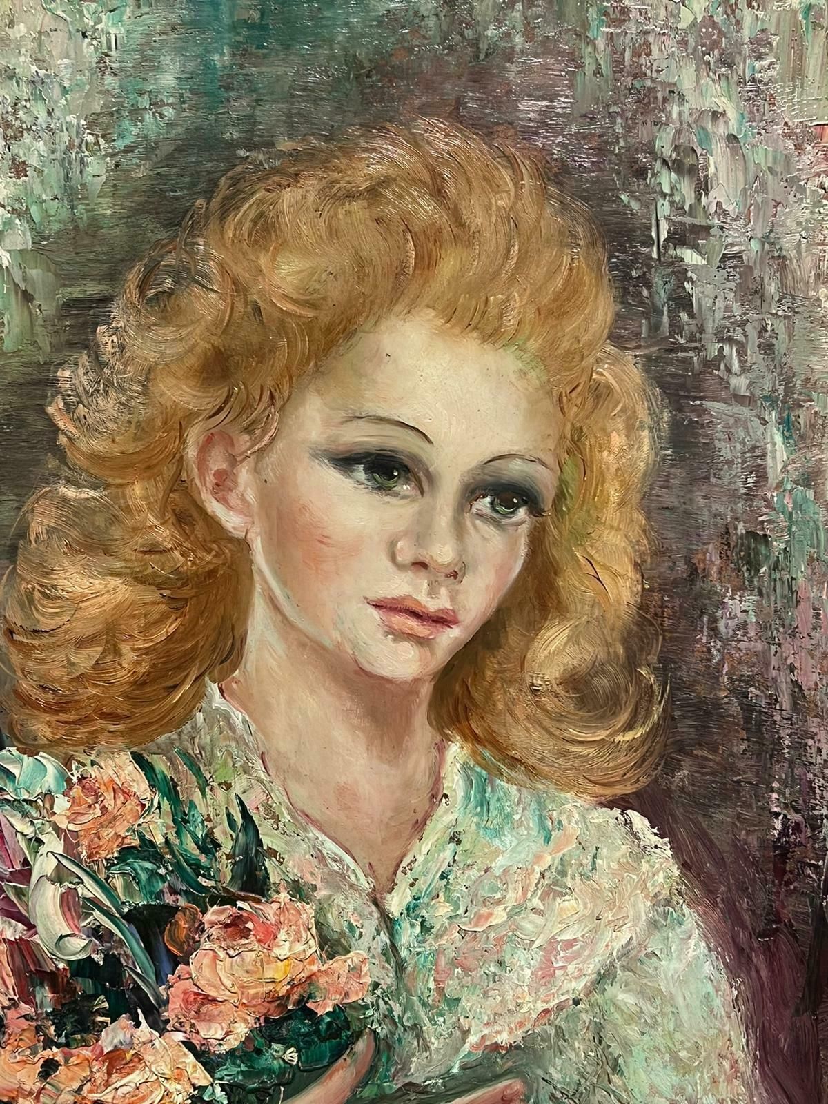 photo for sale Anna De Banguy1950's French Post Impressionist Signed Oil Portrait Of Young Lady With Flowers1950's