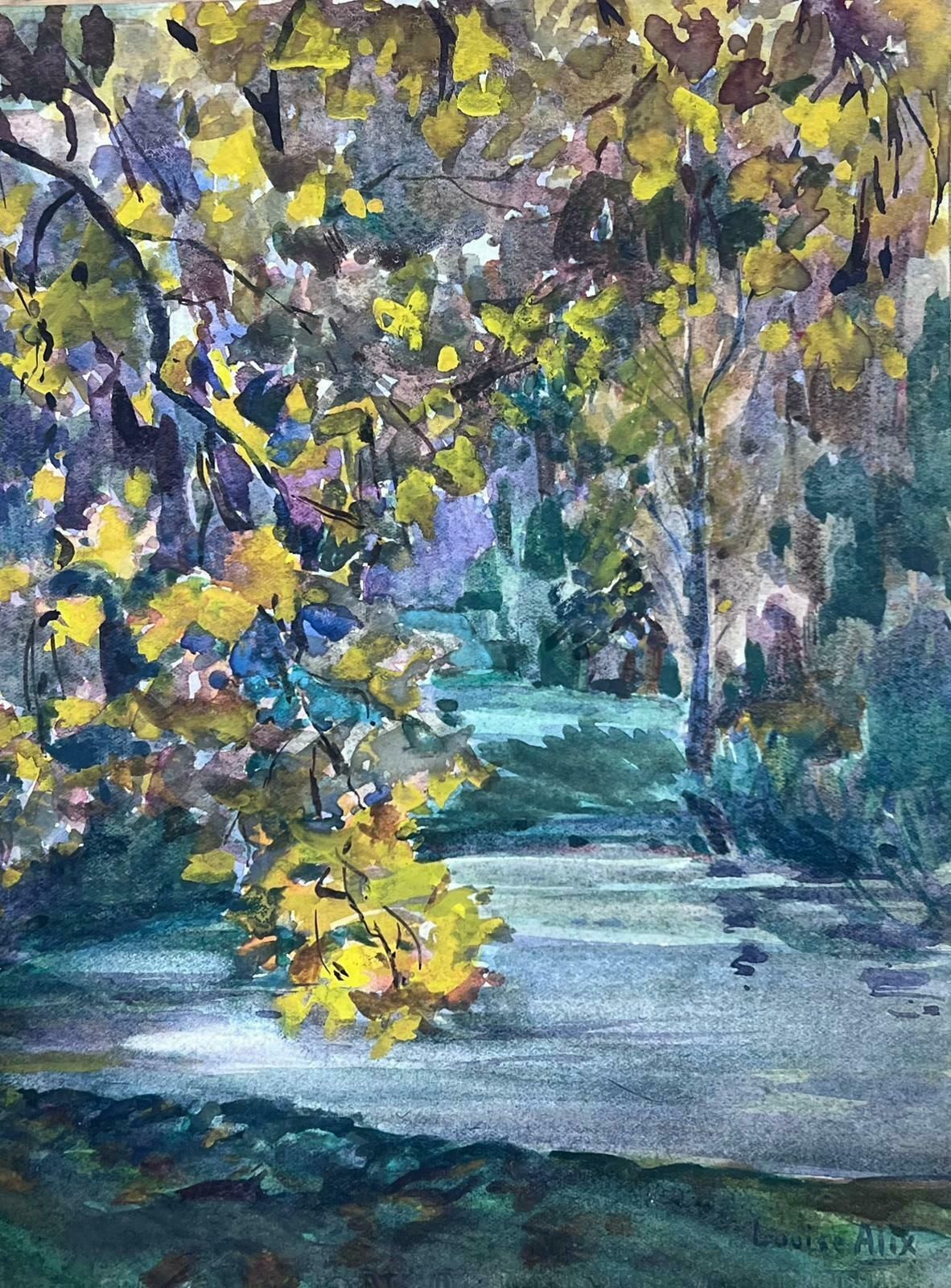 Louise Alixfrench Impressionist Watercolour Painting Yellow Tree Over Green Stream 1930's photo Art