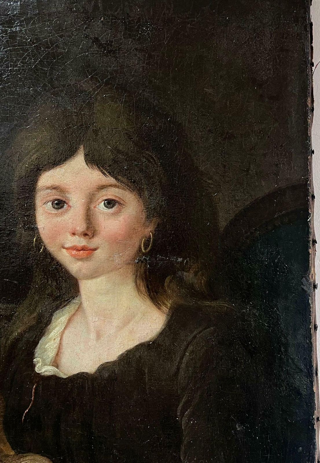 French Schoolc. 1800's French Oil Painting On Canvas Young Girl With Pet Dog On Lap1800 photo for sale