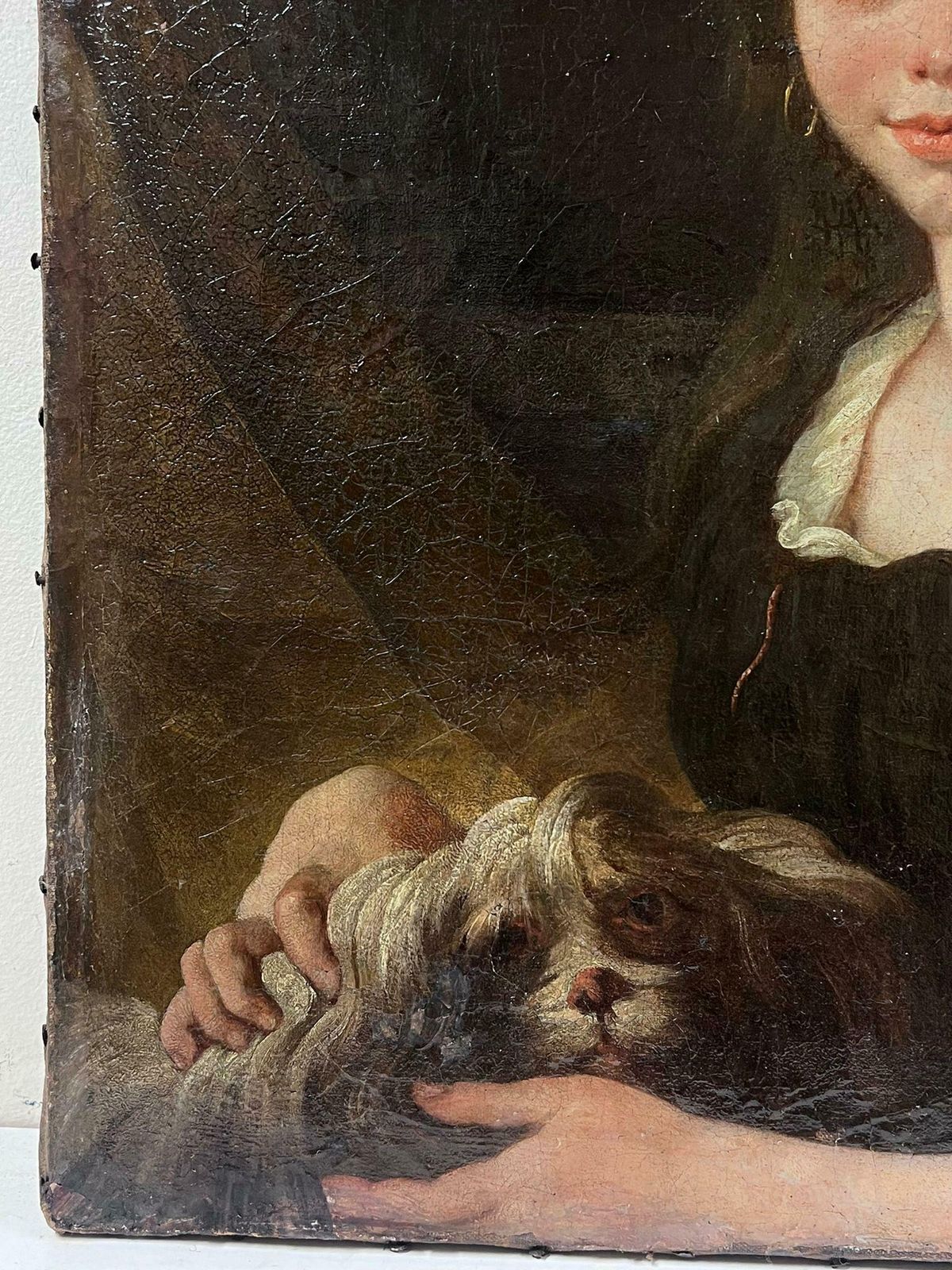 French Schoolc. 1800's French Oil Painting On Canvas Young Girl With Pet Dog On Lap1800 photo Art