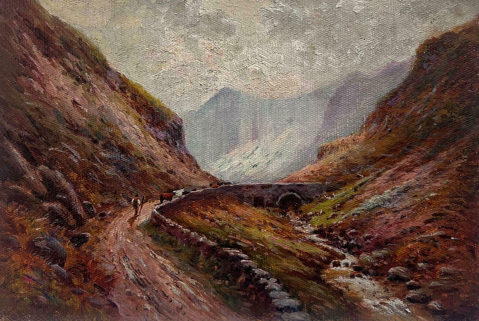 British School Antique Scottish Highlands Oil Painting Drover With Cattle Mountain Valley Path