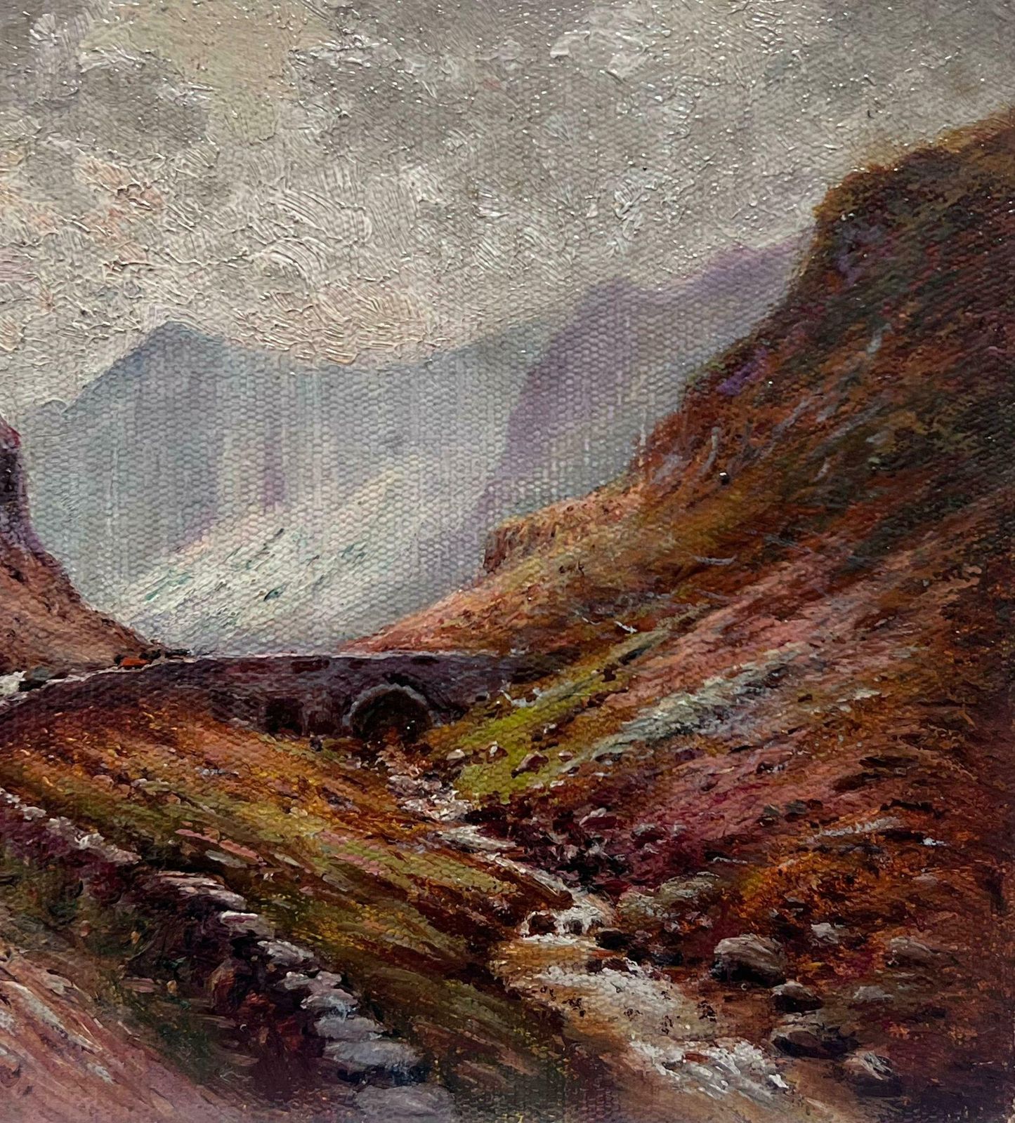 British School Antique Scottish Highlands Oil Painting Drover With Cattle Mountain Valley Path photo furniture