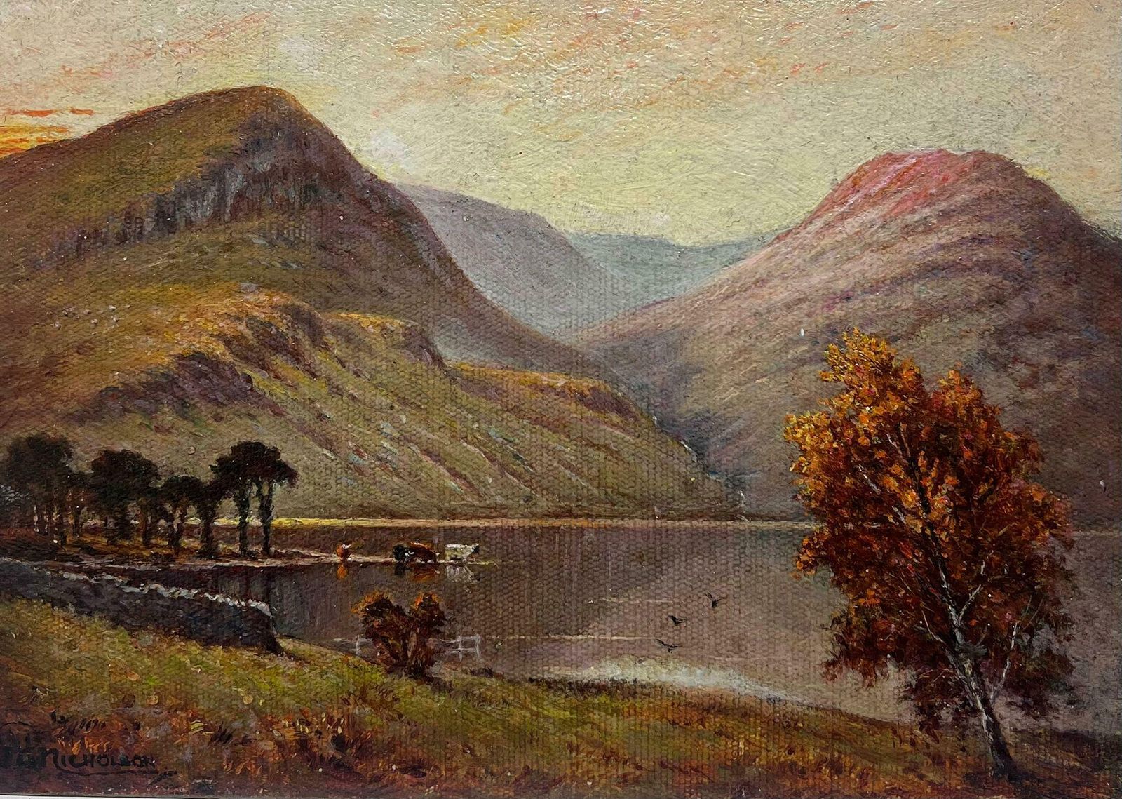 British Schoolsunset English Lake District Cattle Watering Waters Edge Signed Oil Painting