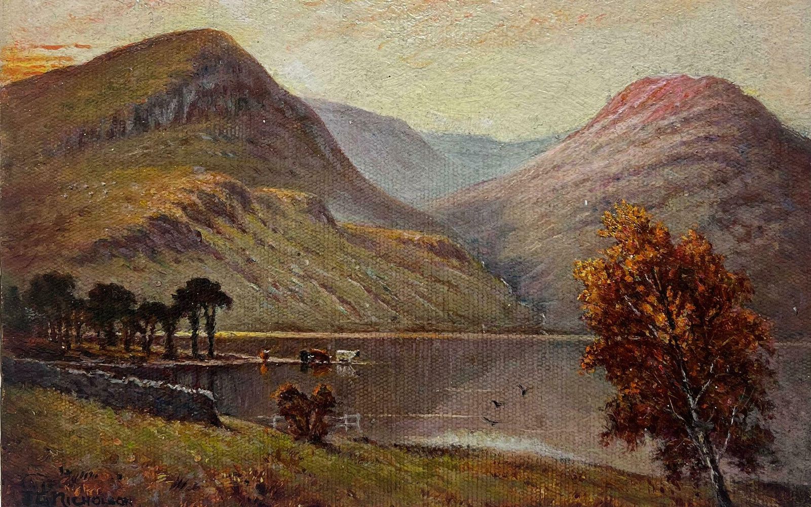 British Schoolsunset English Lake District Cattle Watering Waters Edge Signed Oil Painting photo 769.0