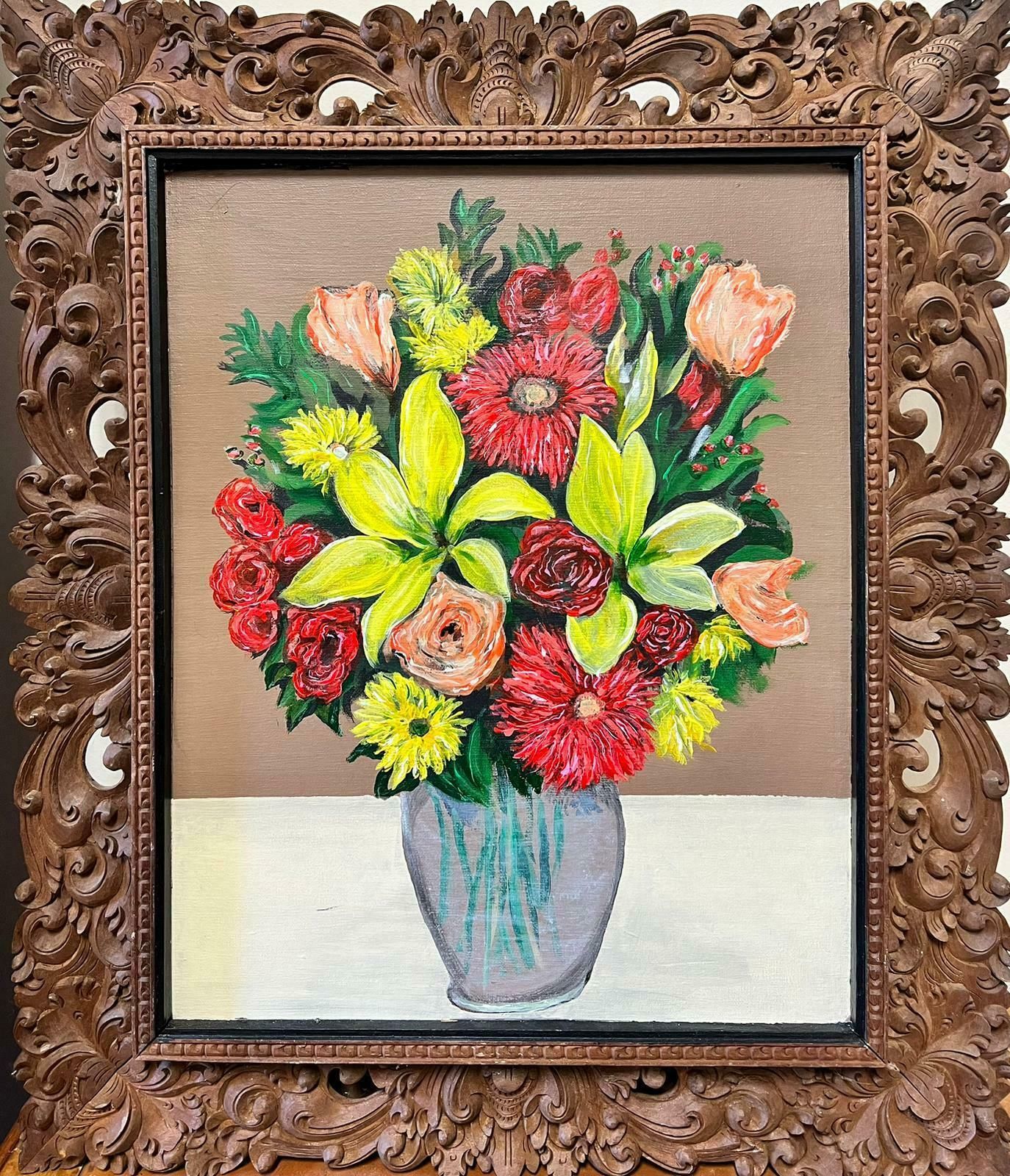 Contemporary British Modernist Still Life Flowers In Vase Oil Painting In Beautiful Florentine Frame
