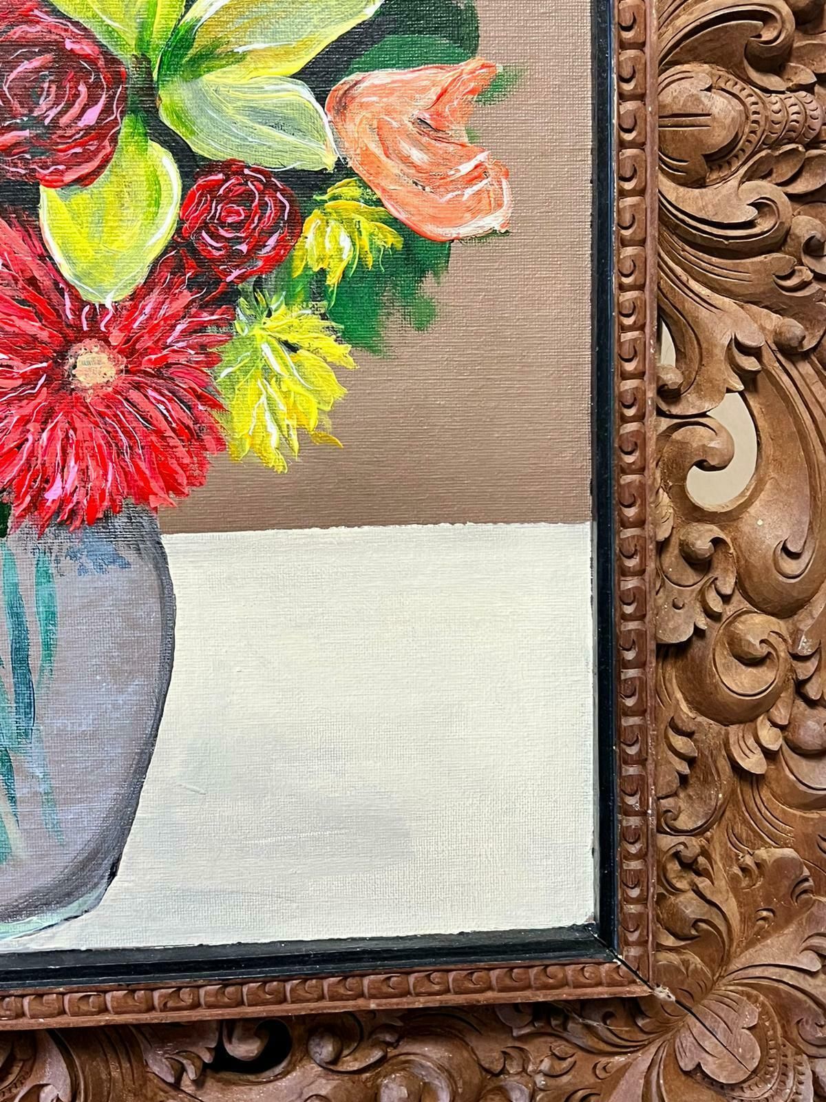 Contemporary British Modernist Still Life Flowers In Vase Oil Painting In Beautiful Florentine Frame photo Art