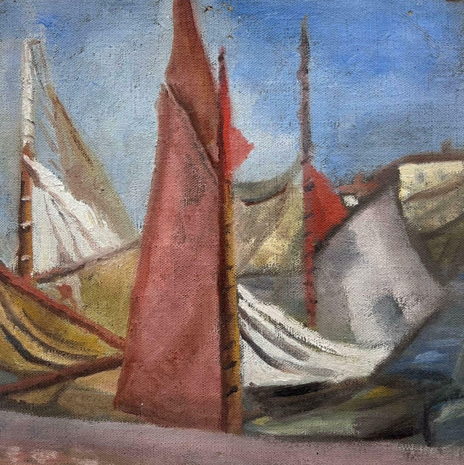 French Mid 20th Century1950s French Impressionist Oil Painting Beach Scene Vintage Sailing Boats Harbor1950's photo furniture