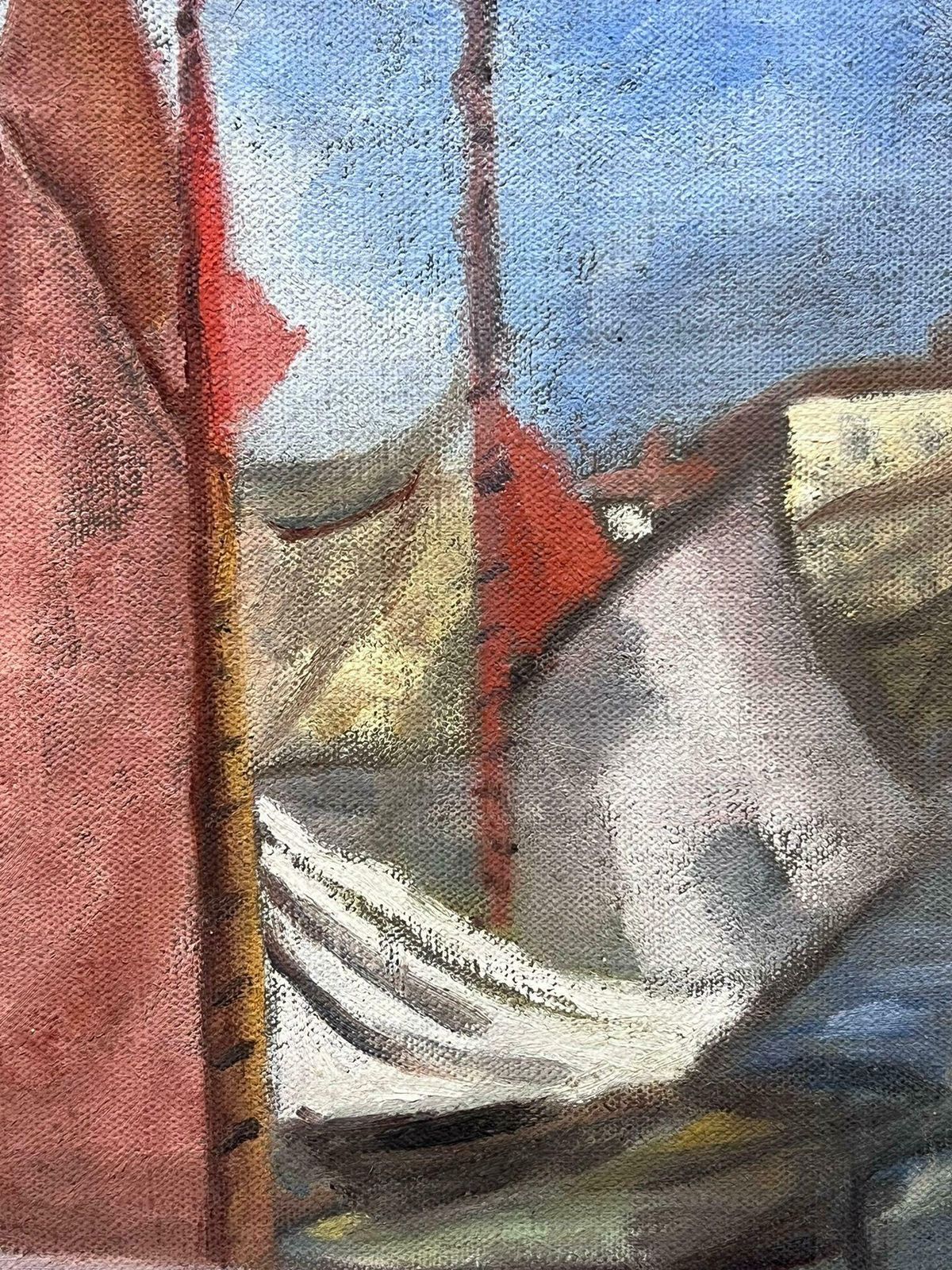French Mid 20th Century1950s French Impressionist Oil Painting Beach Scene Vintage Sailing Boats Harbor1950's photo Art