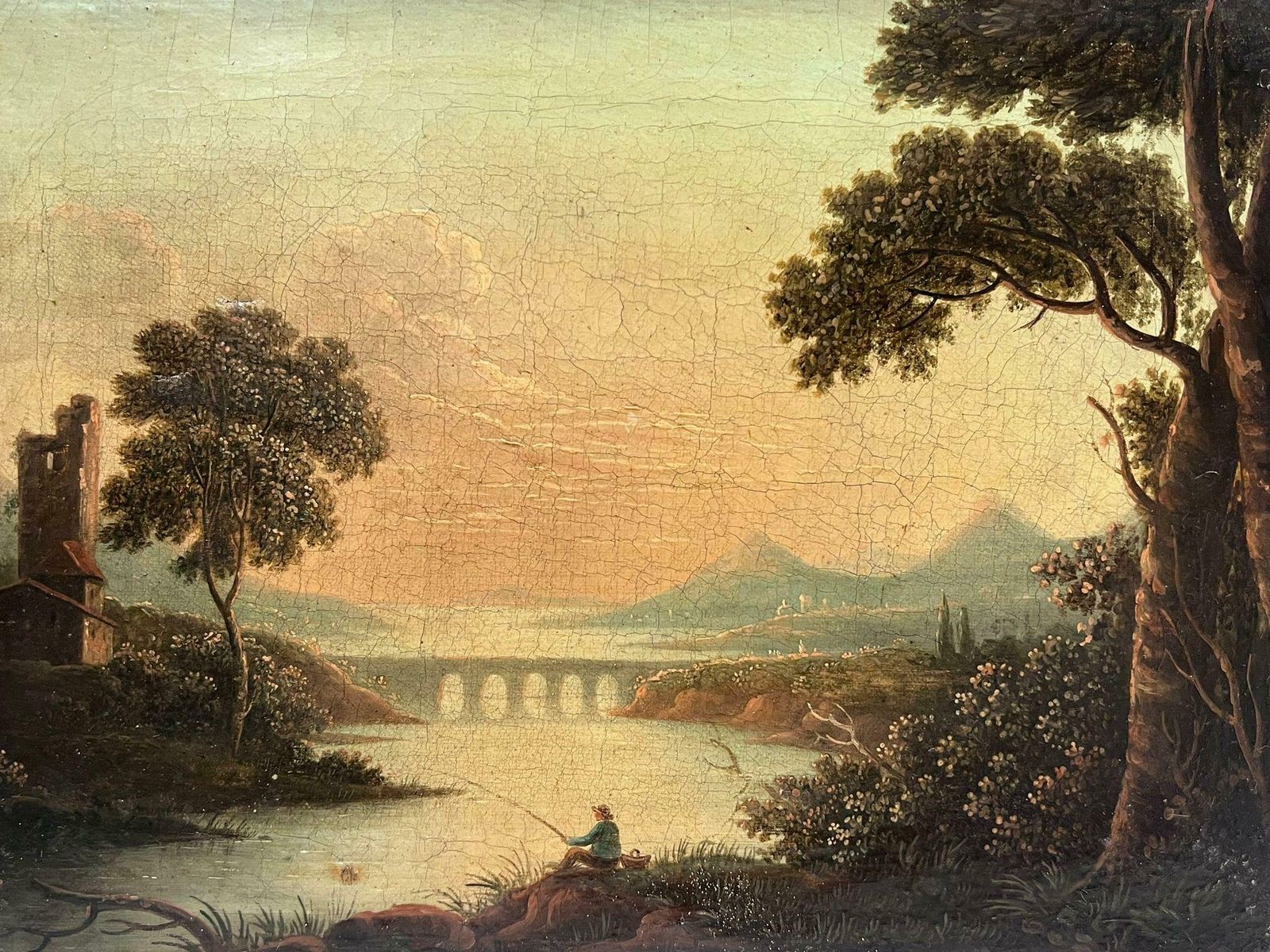 Romantic English River Landscape With Angler At Sunset Early 19th Century Oil photo for sale