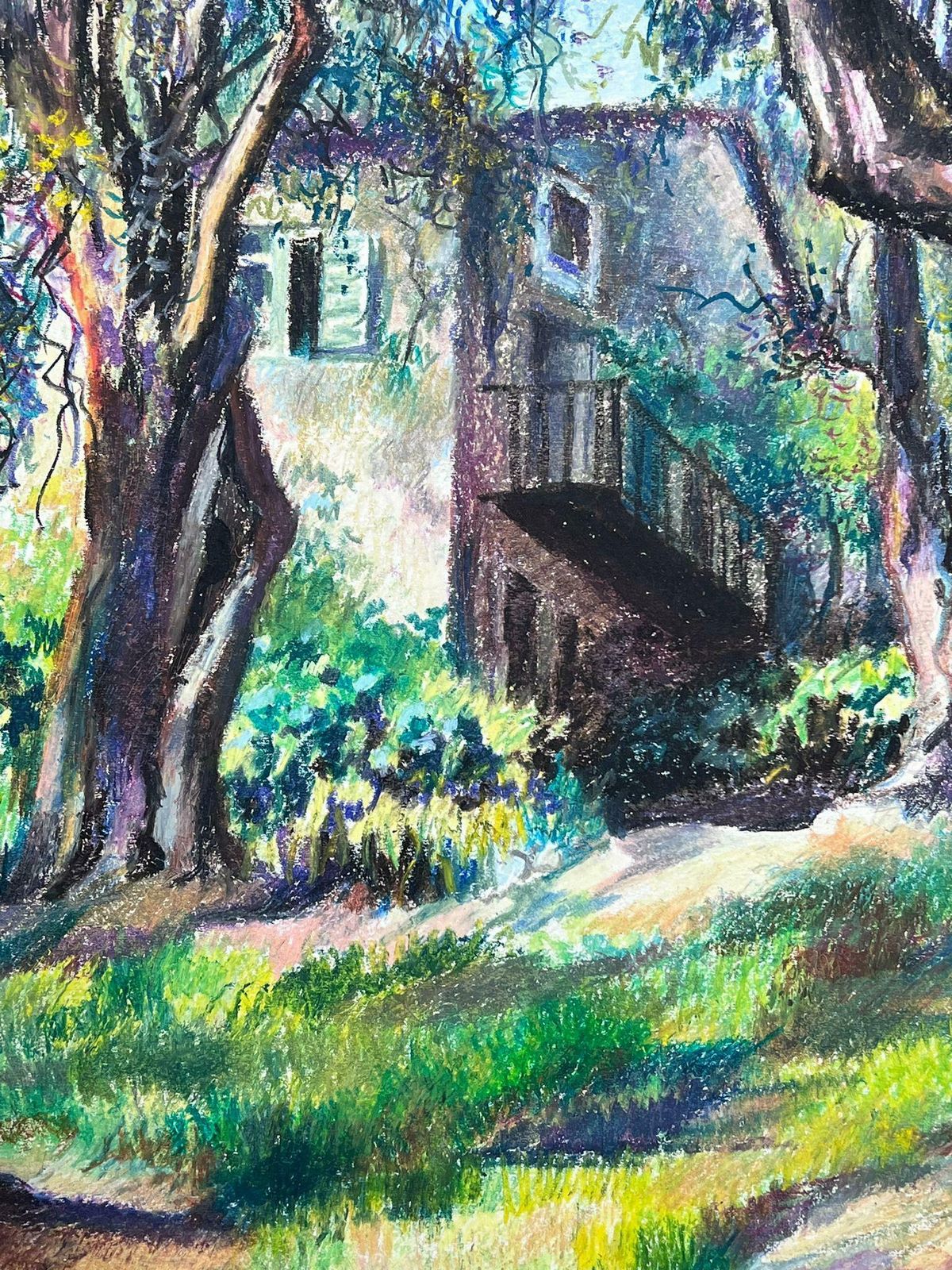 Josine Vignonlarge 1970's French Impressionist Pastel Chateau In The Green Woodlands1977 photo Art