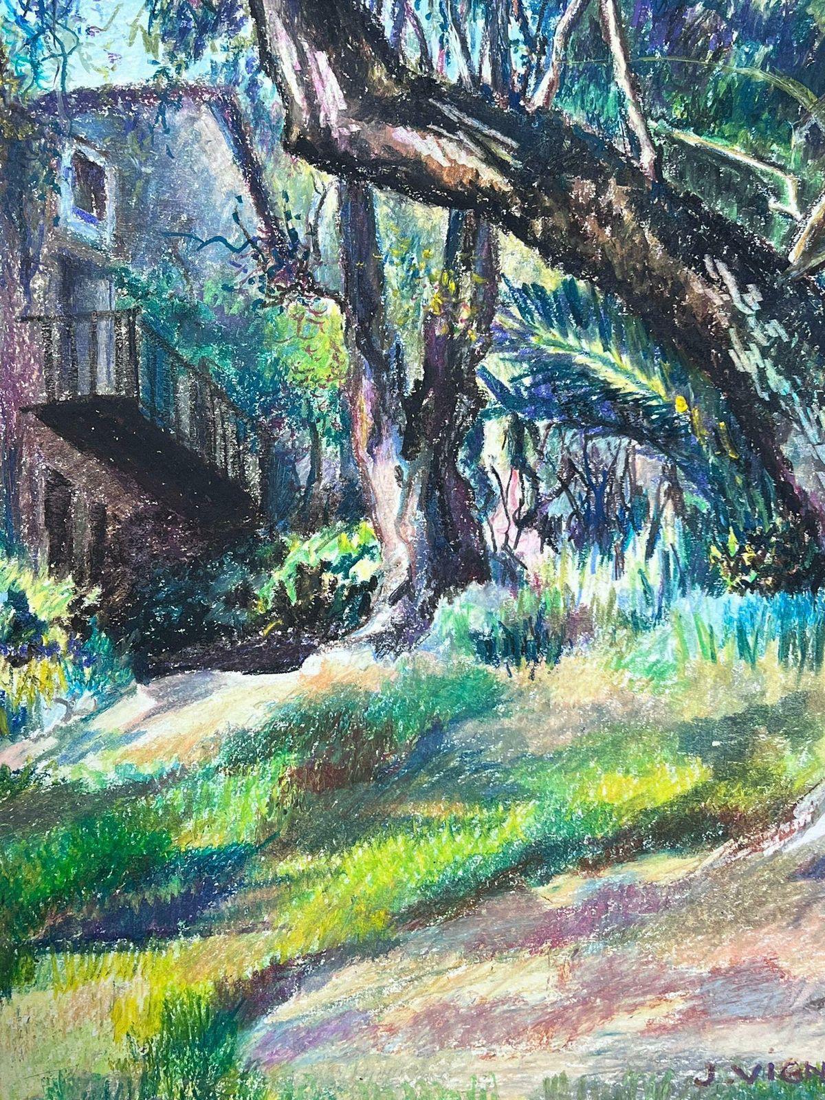 Josine Vignonlarge 1970's French Impressionist Pastel Chateau In The Green Woodlands1977 photo 487.0