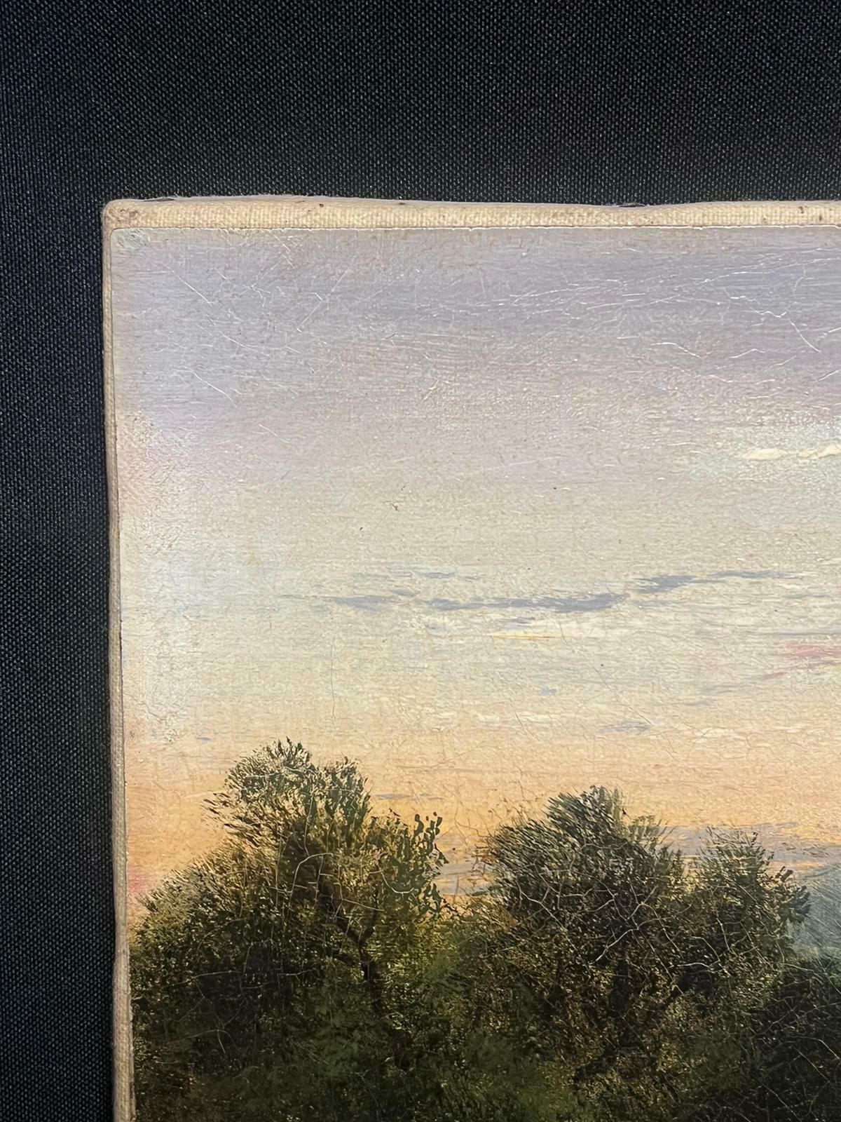 British Victorianmid 19th Century English Oil Painting Anglers River Landscape At Sunset photo for sale