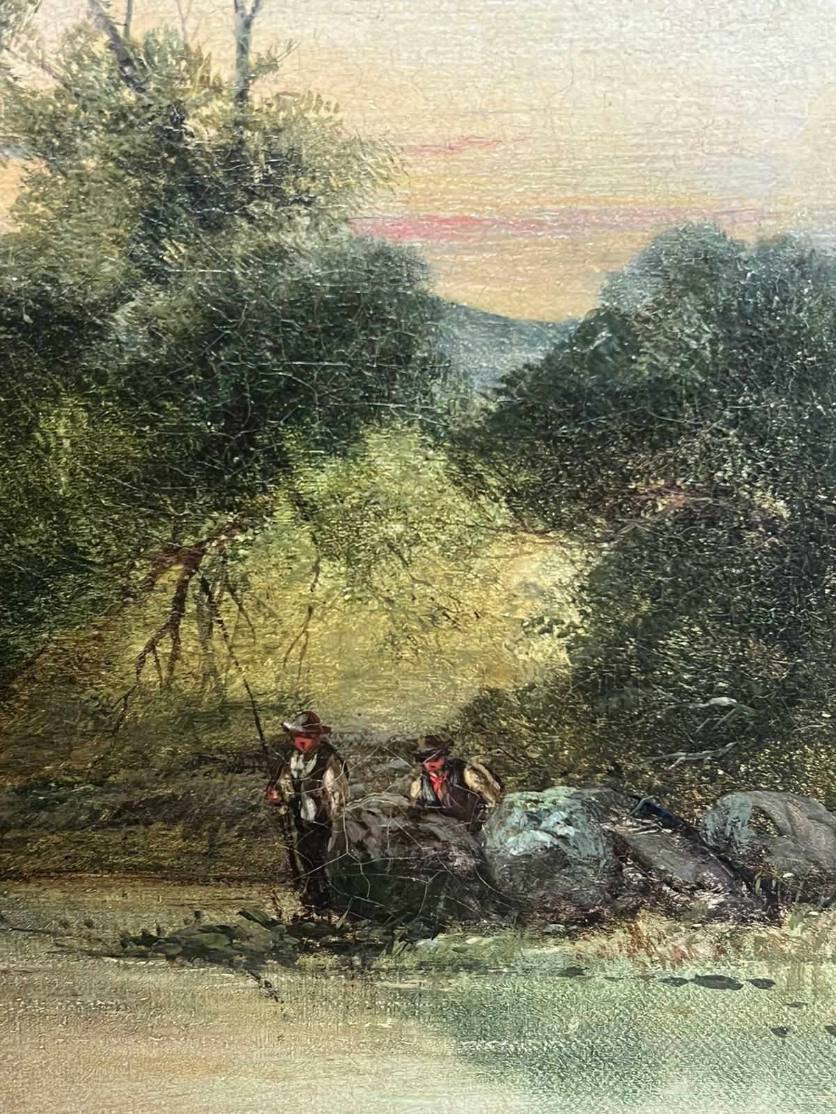British Victorianmid 19th Century English Oil Painting Anglers River Landscape At Sunset photo Art