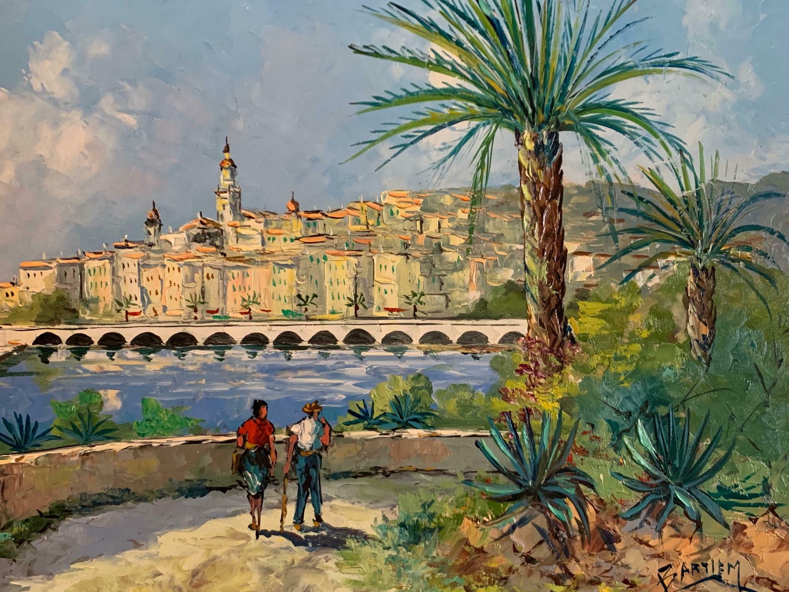 Bartiemsigned French Impressionist Oil Painting   Cote D'azur Figures Walking Harbourc. 1980's photo Art