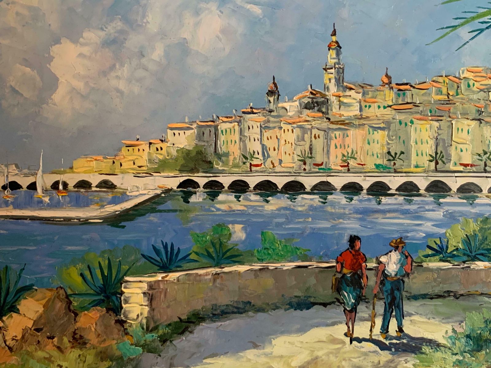 Bartiemsigned French Impressionist Oil Painting   Cote D'azur Figures Walking Harbourc. 1980's photo 1231.0