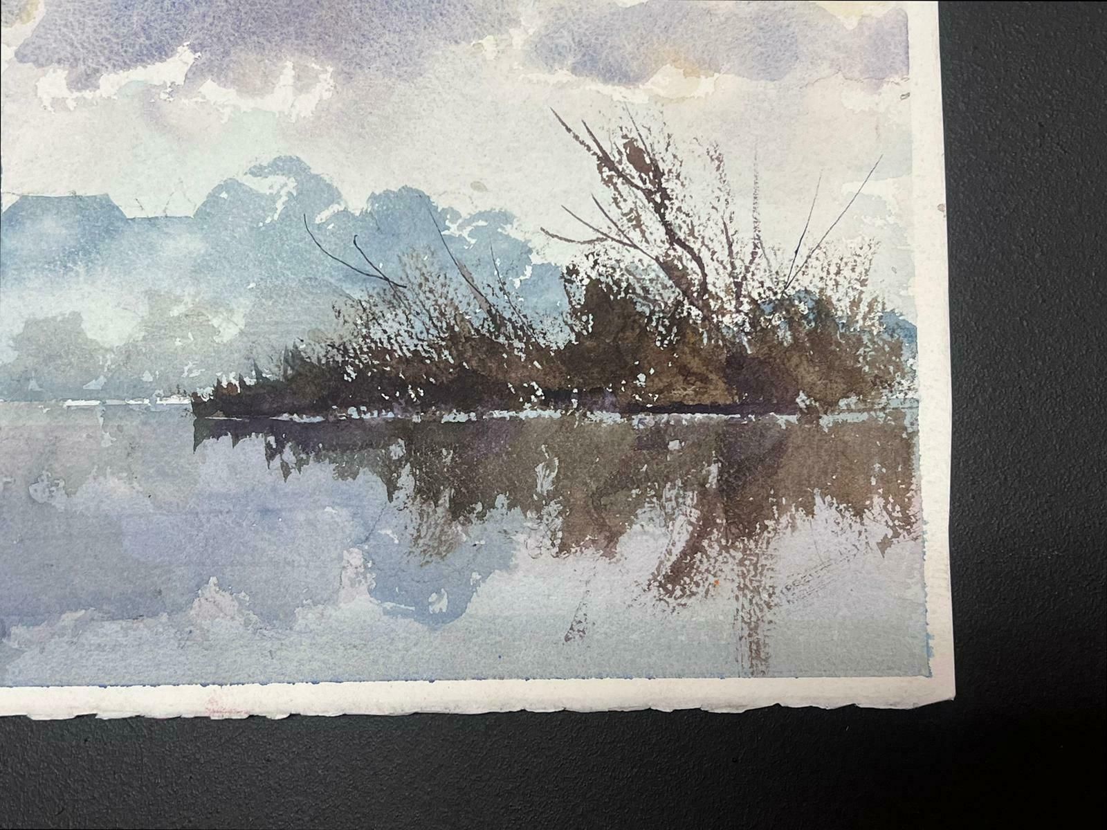 Anthony Averyfine British Original Impressionist Watercolor Gloomy Fog Rising Over Blue Lake photo 328.0