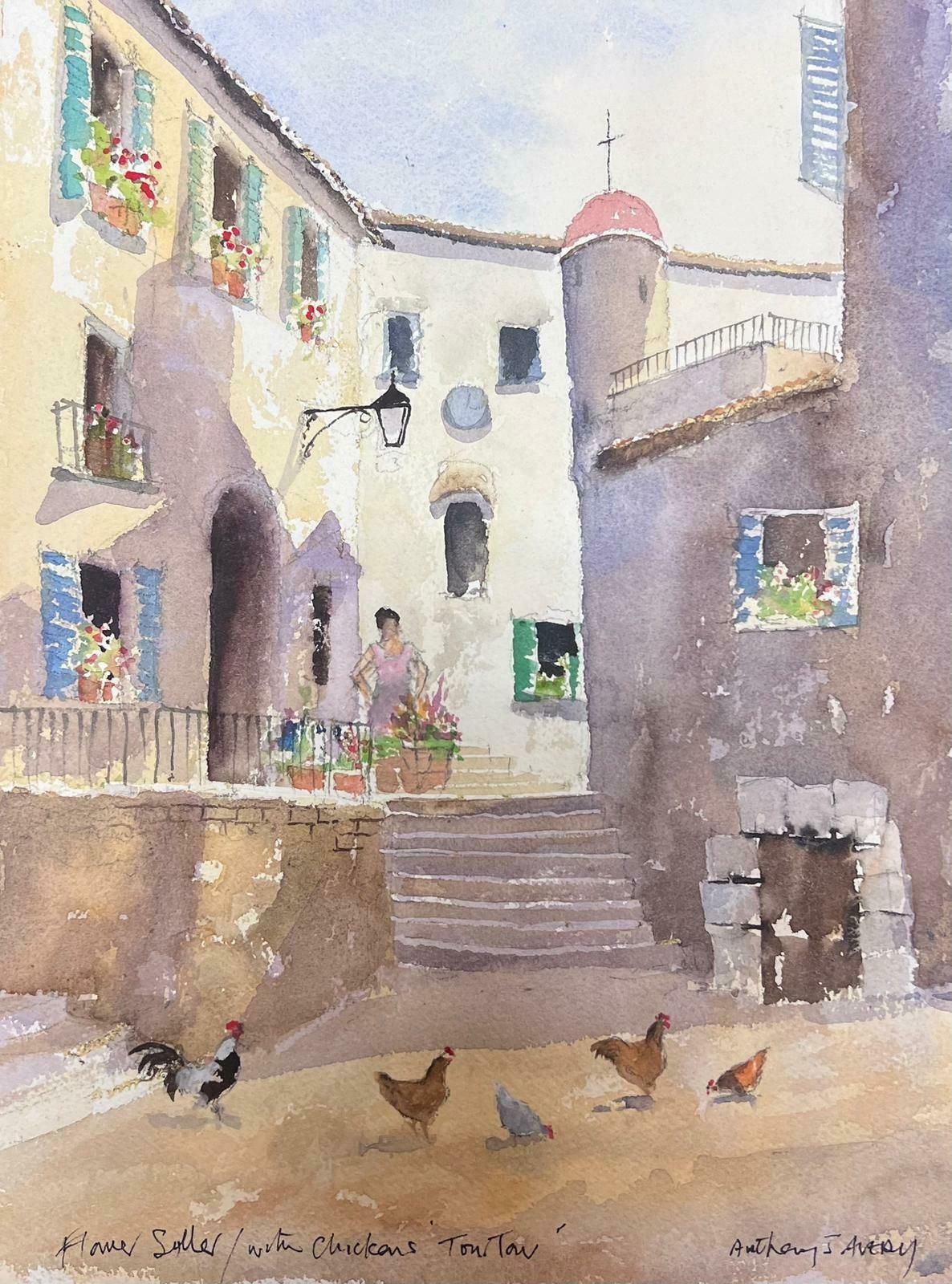 Anthony Averybritish Original Impressionist Watercolor Chickens In A Summer's Day Courtyard