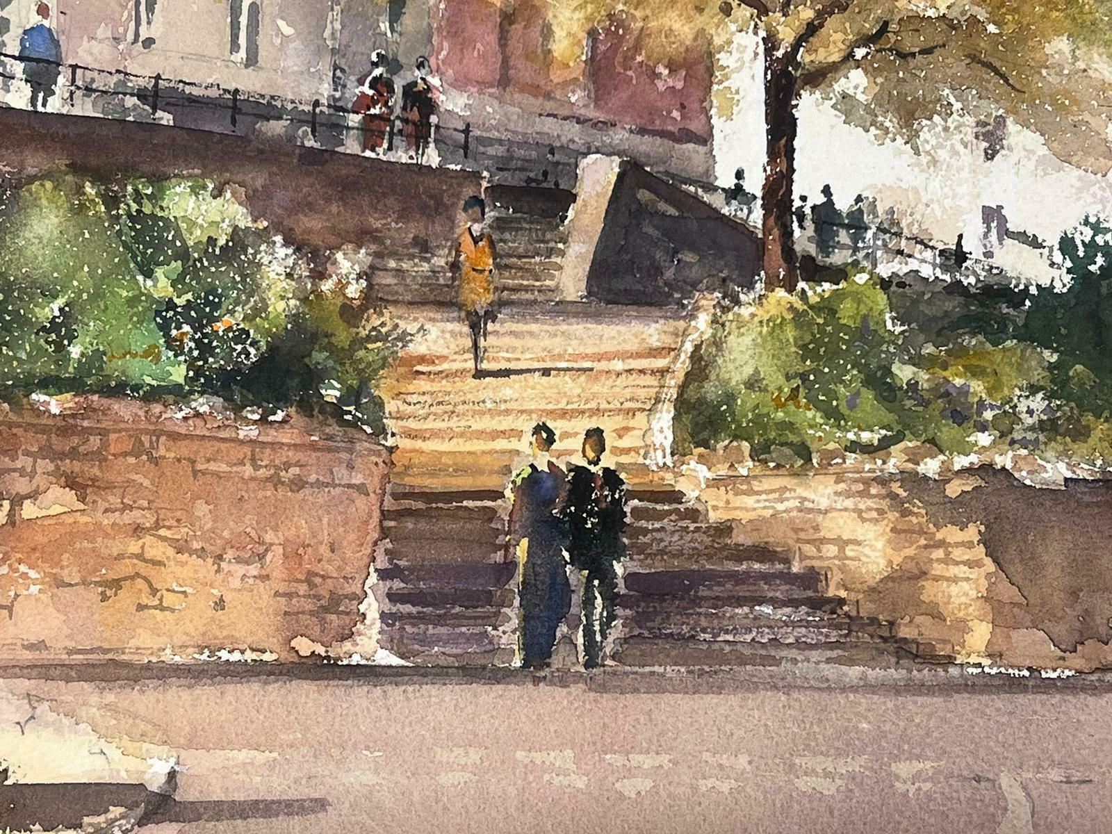 Anthony Averyfine British Original Impressionist Watercolor Figures Walking Down Town Steps photo for sale