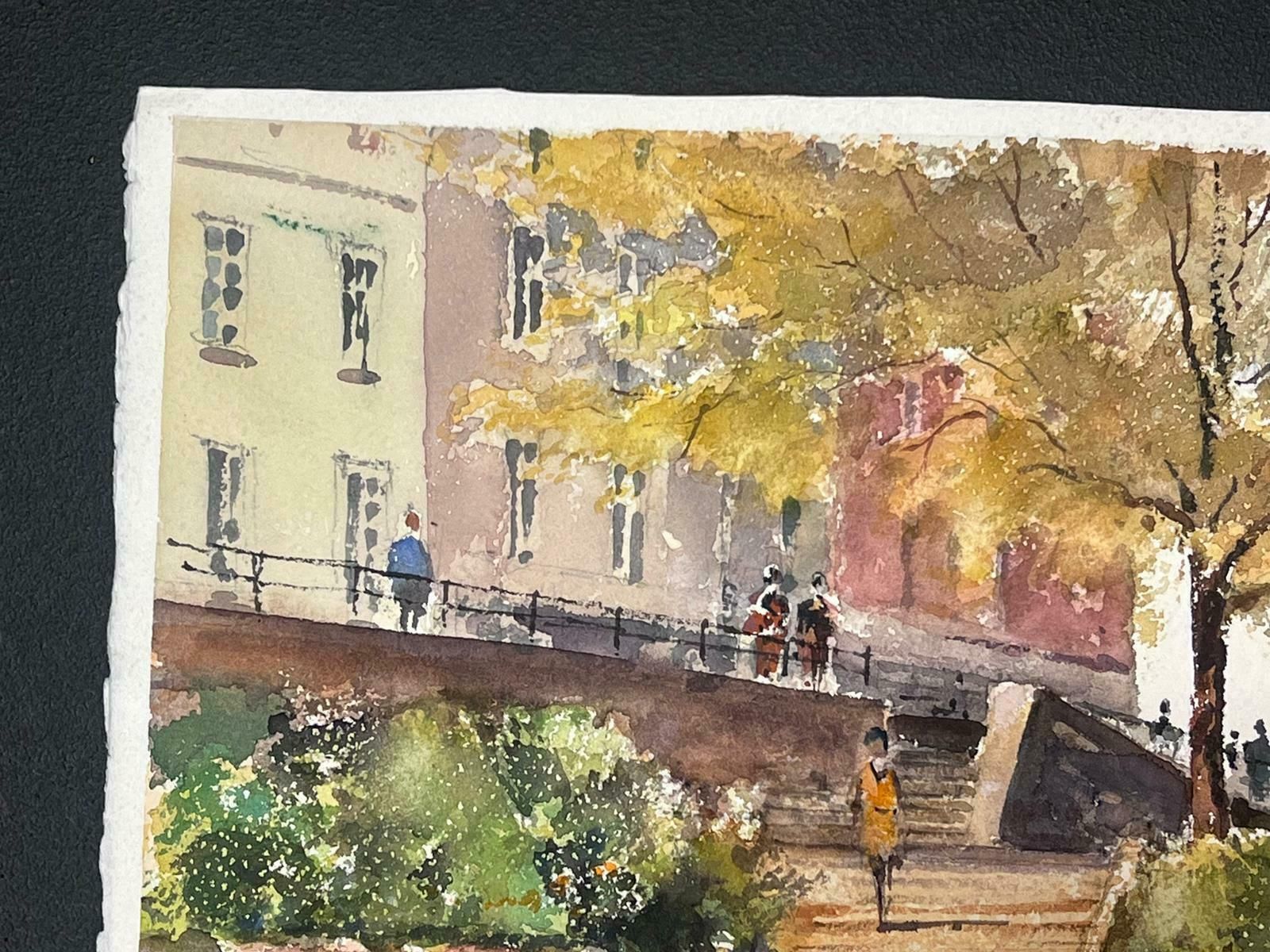 Anthony Averyfine British Original Impressionist Watercolor Figures Walking Down Town Steps photo Art