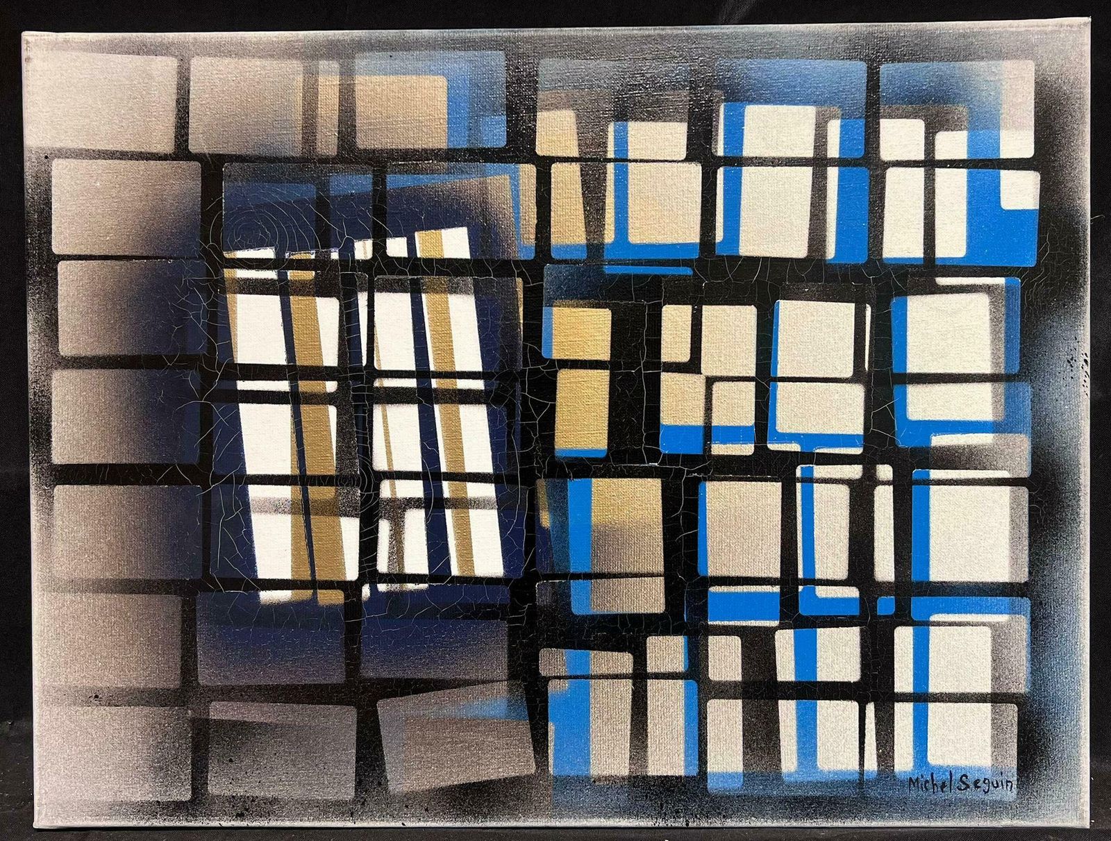 Michel Seguinlarge French Abstract Expressionist Painting Contemporary Black Blue Squares photo furniture