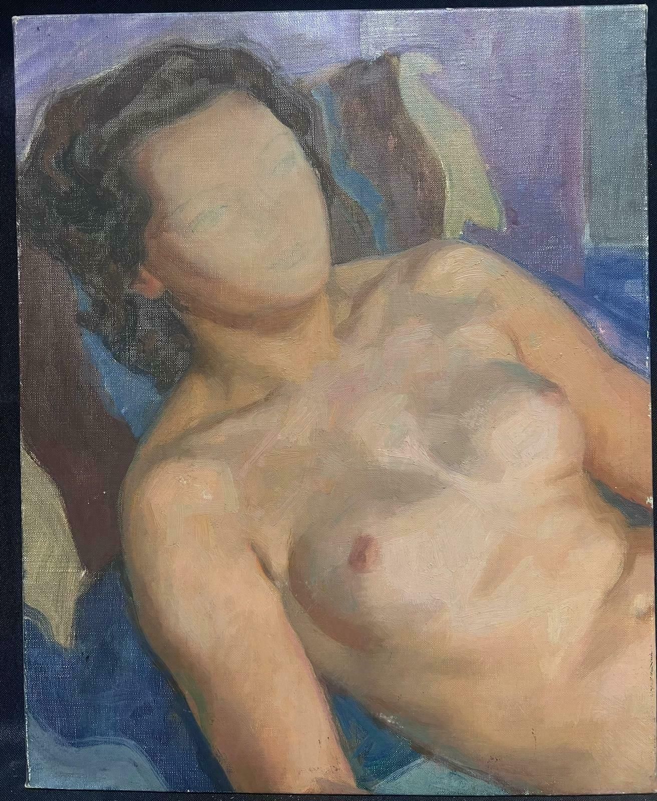 Maurice Delavier1950's French Modernist Oil Painting Portrait Sketch Of Nude Lady photo furniture