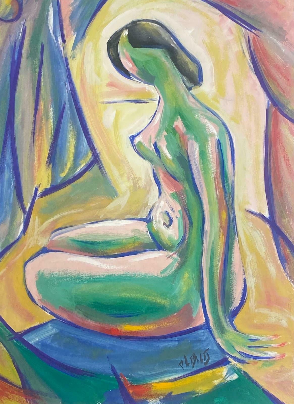 Paul Louis Bolot (French 1918 2003)20th Century French Modernist Gouache Painting Green Abstract Posed Lady In Nude20th Century (1976) photo furniture