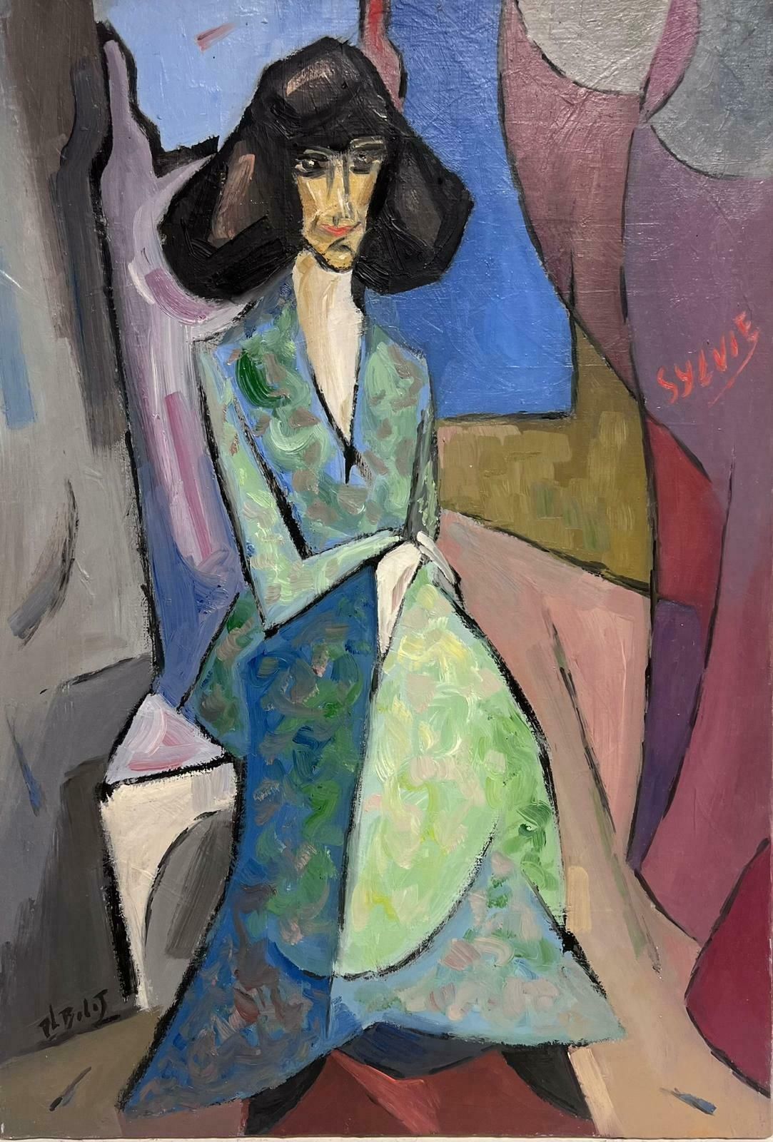 Paul Louis Bolot (French 1918 2003)1980's French Cubist Modernist Signed Oil Painting Fashionable Lady In Interior20th Century